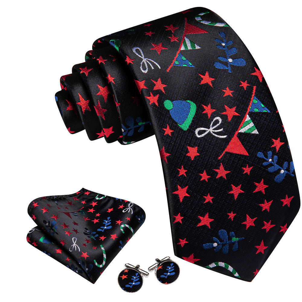 Barry Wang Silk Black Red Star Christmas Necktie Set