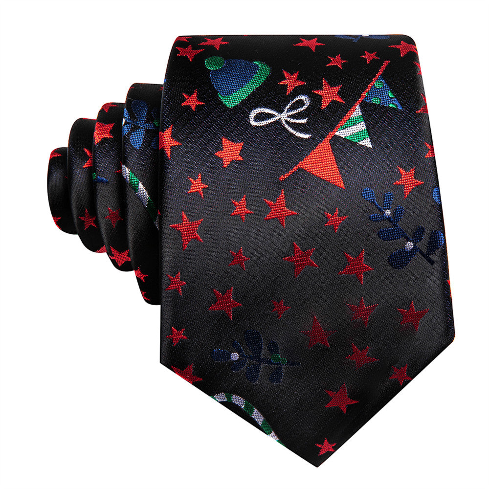 Barry Wang Silk Black Red Star Christmas Necktie Set