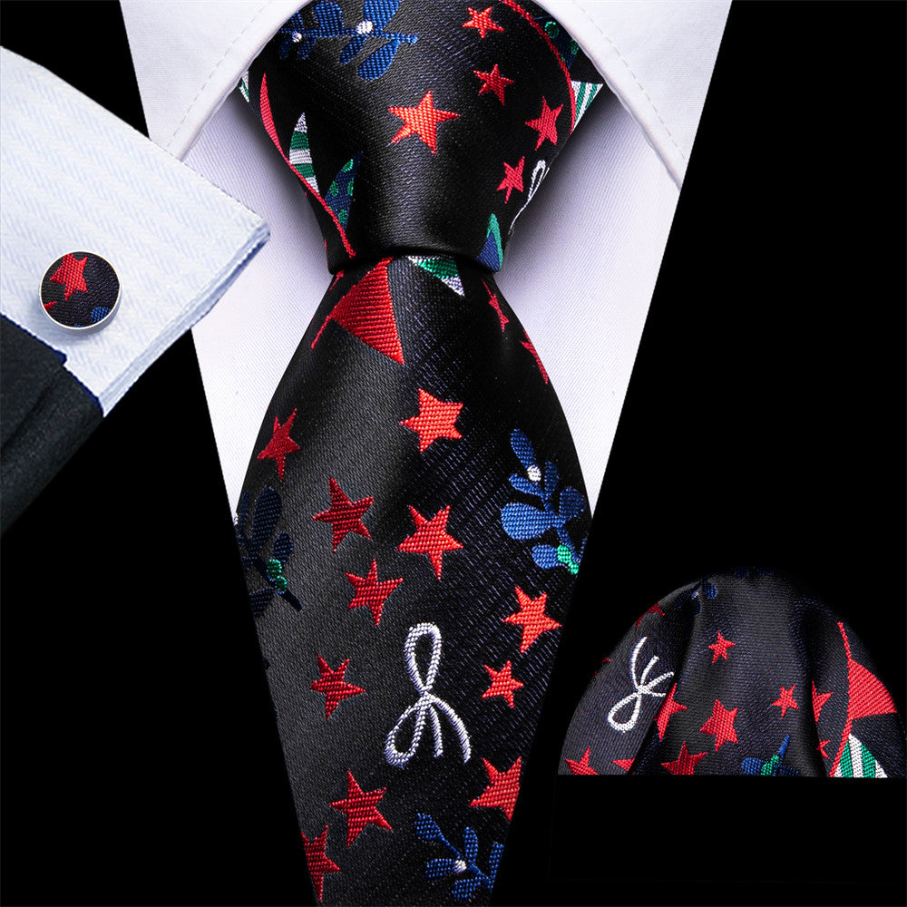 Barry Wang Silk Black Red Star Christmas Necktie Set