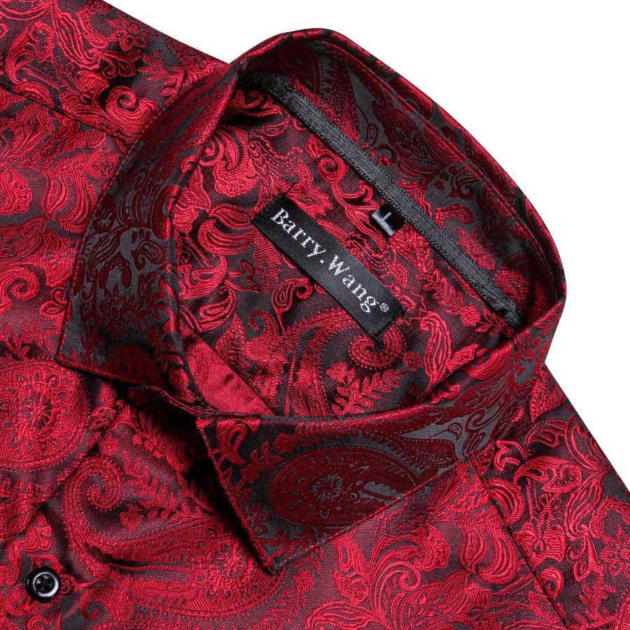 button short sleeve Black red jacquard Windsor collar shirt 