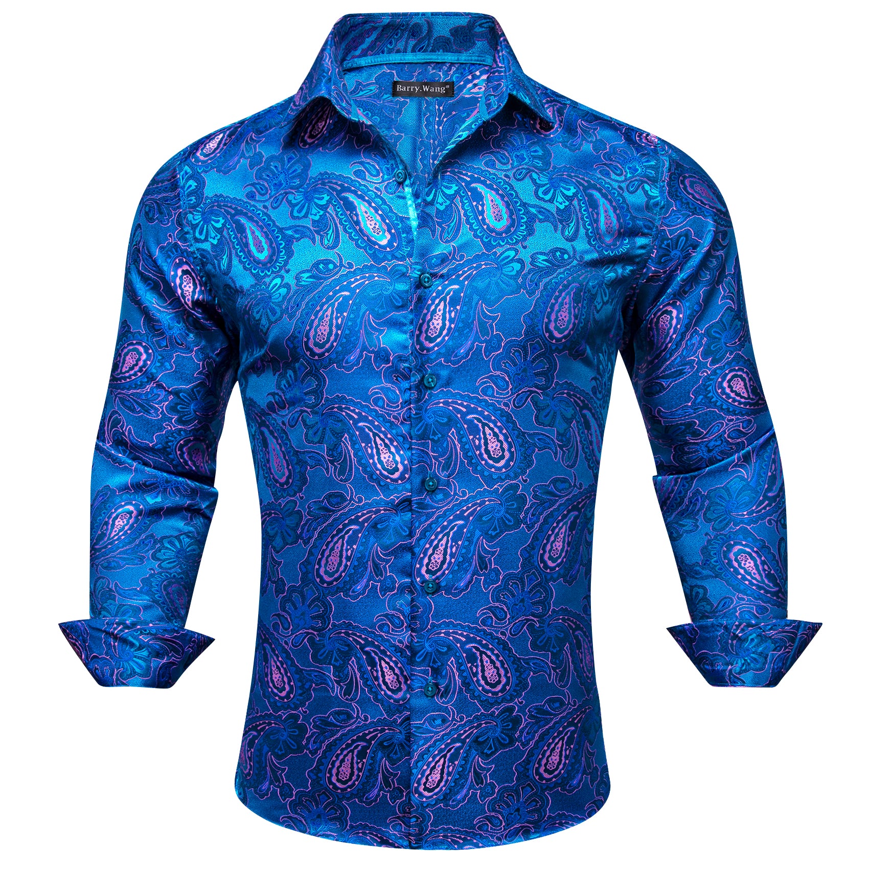 Barry Wang Dark Blue Shirt Pink Jacquard Paisley Silk Men's Shirt