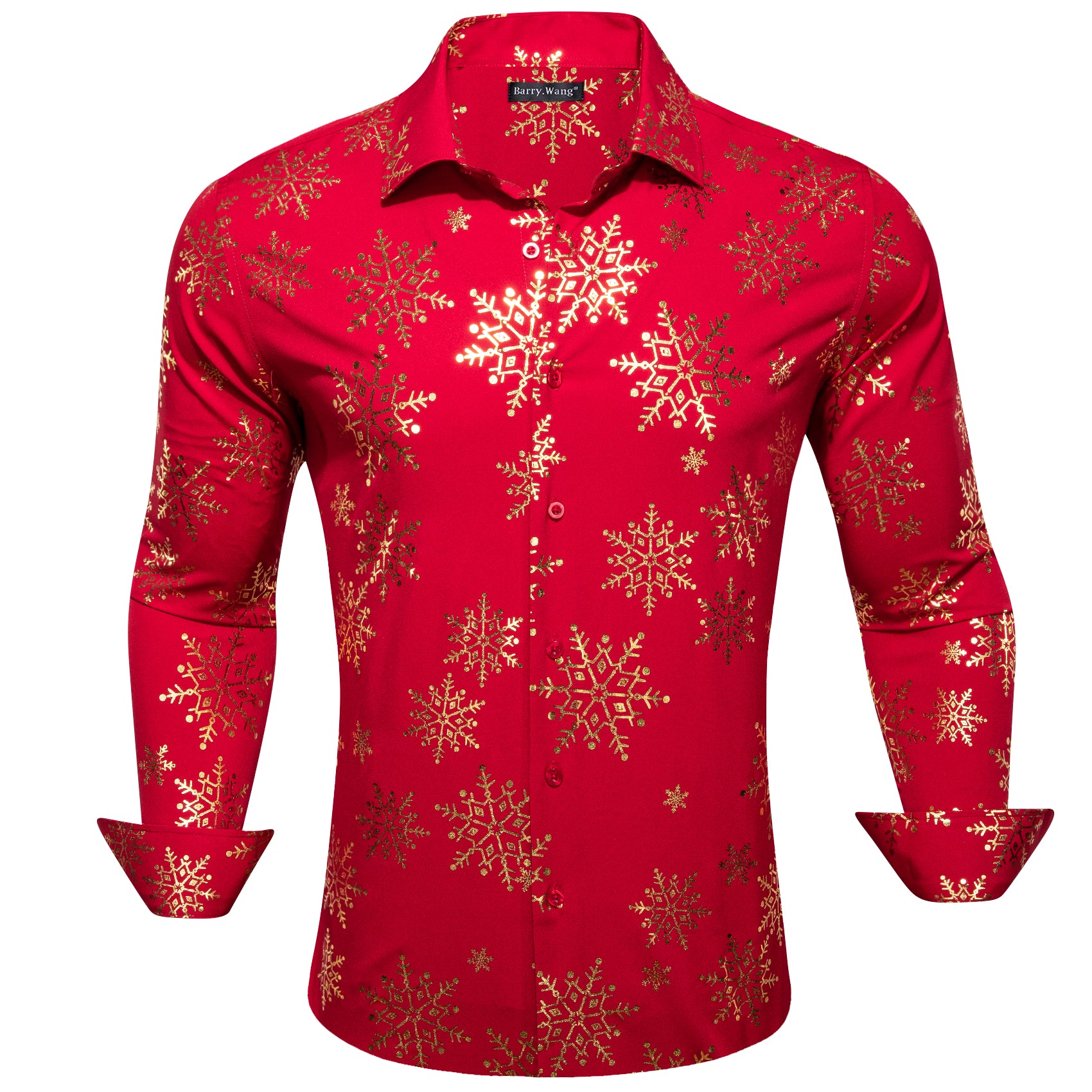 Barry.wang Christmas Red Gold Snowflake Floral Silk Shirt