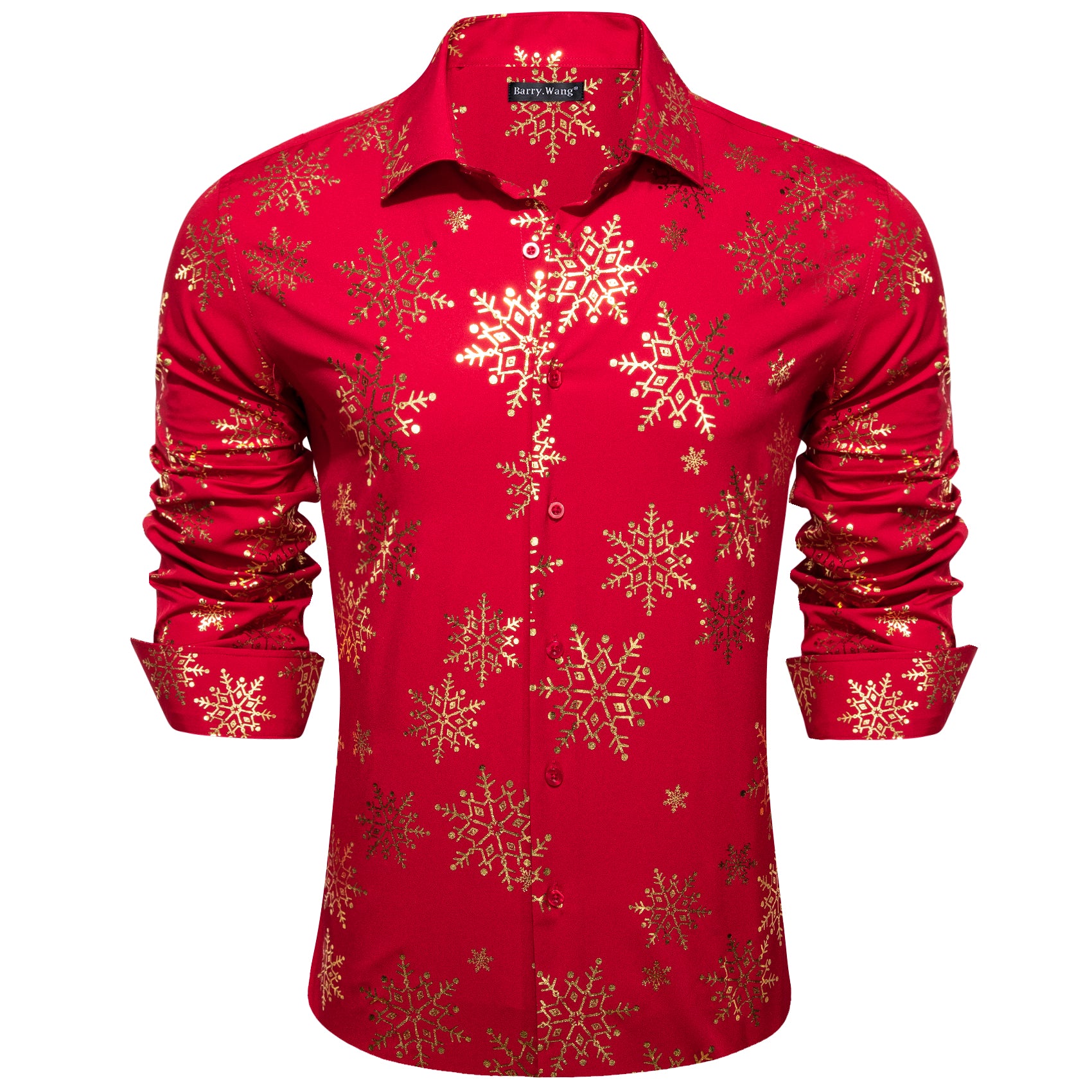 Barry.wang Christmas Red Gold Snowflake Floral Silk Shirt