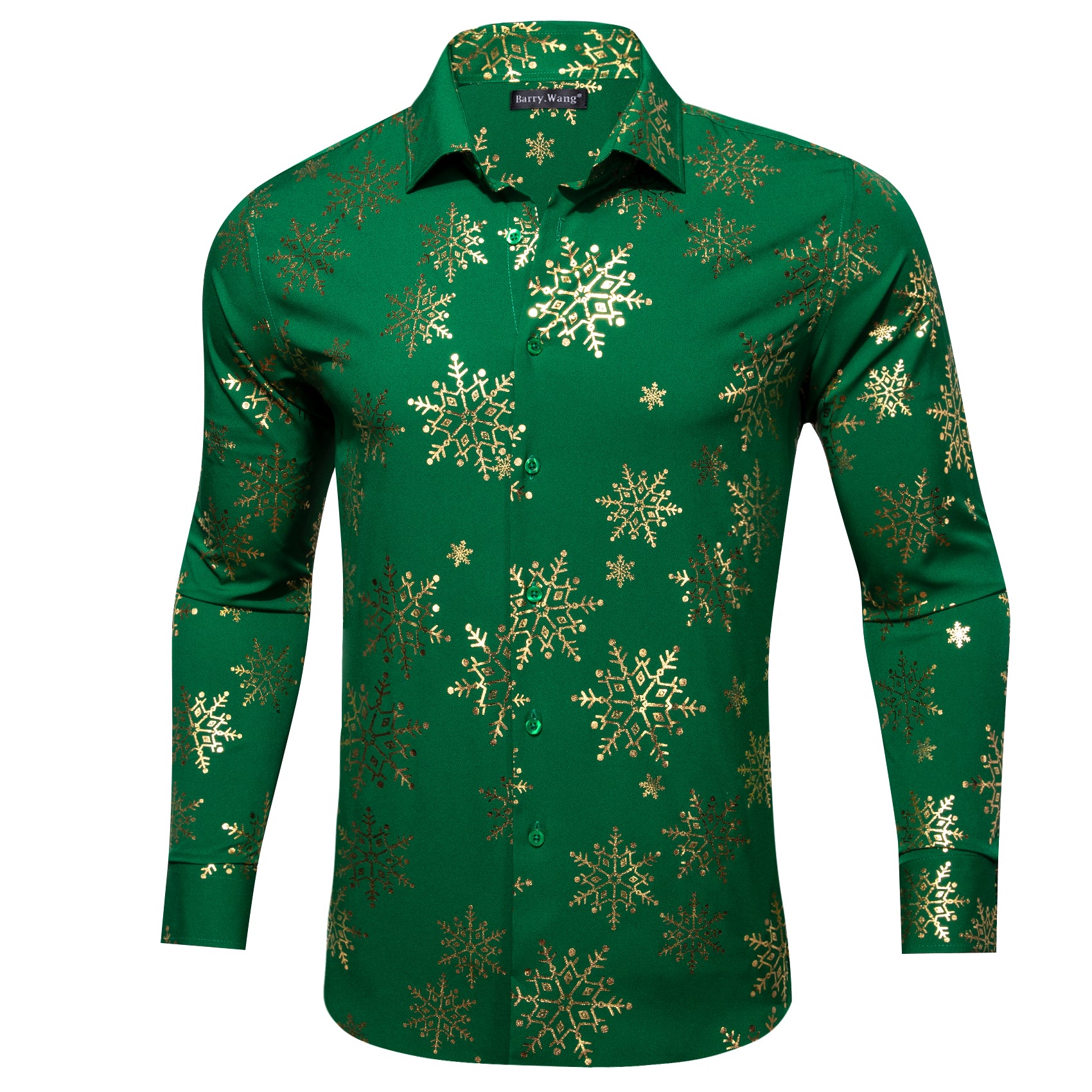 Barry.wang Christmas Green Gold Snowflake Floral Silk Shirt