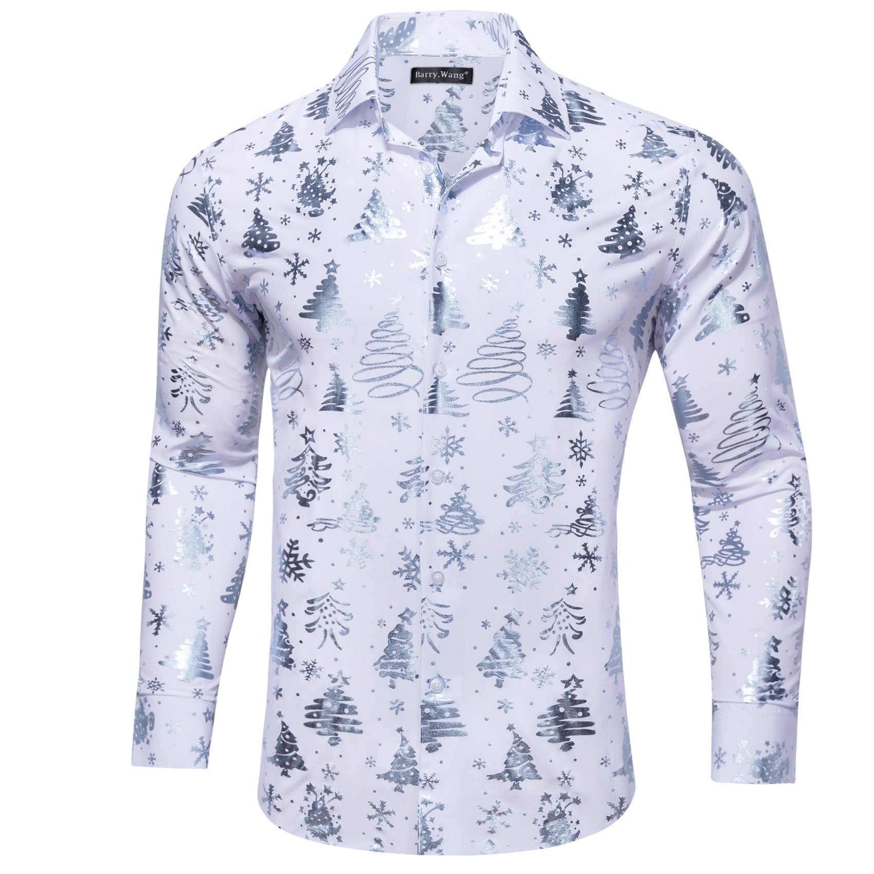 Christmas White Silver Xmas Pattern Floral Silk Men's Shirt