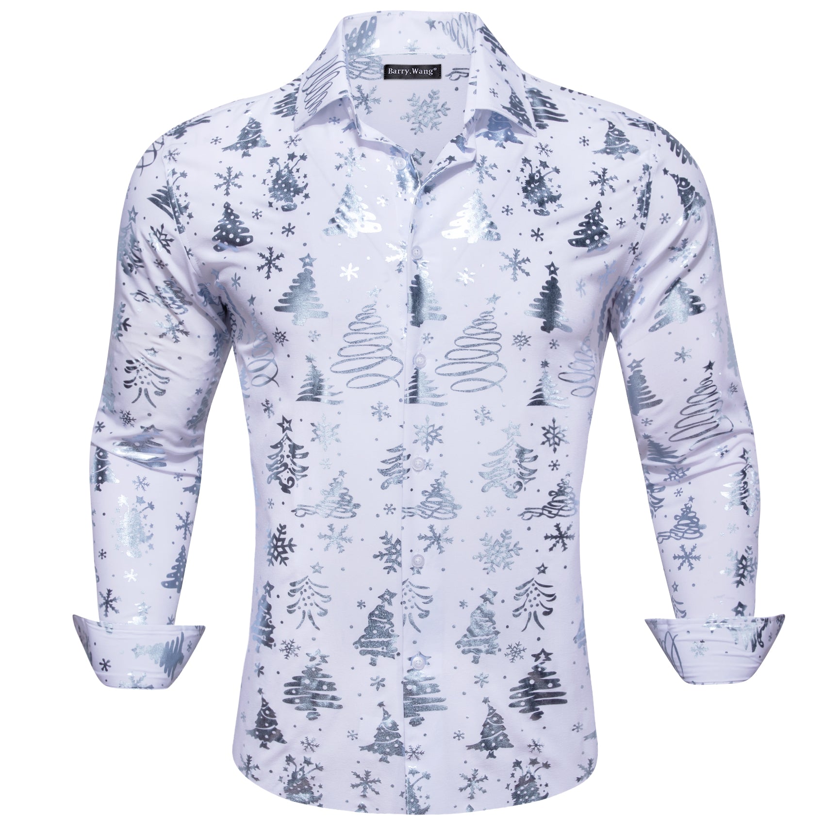 Christmas White Silver Xmas Pattern Floral Silk Men's Shirt