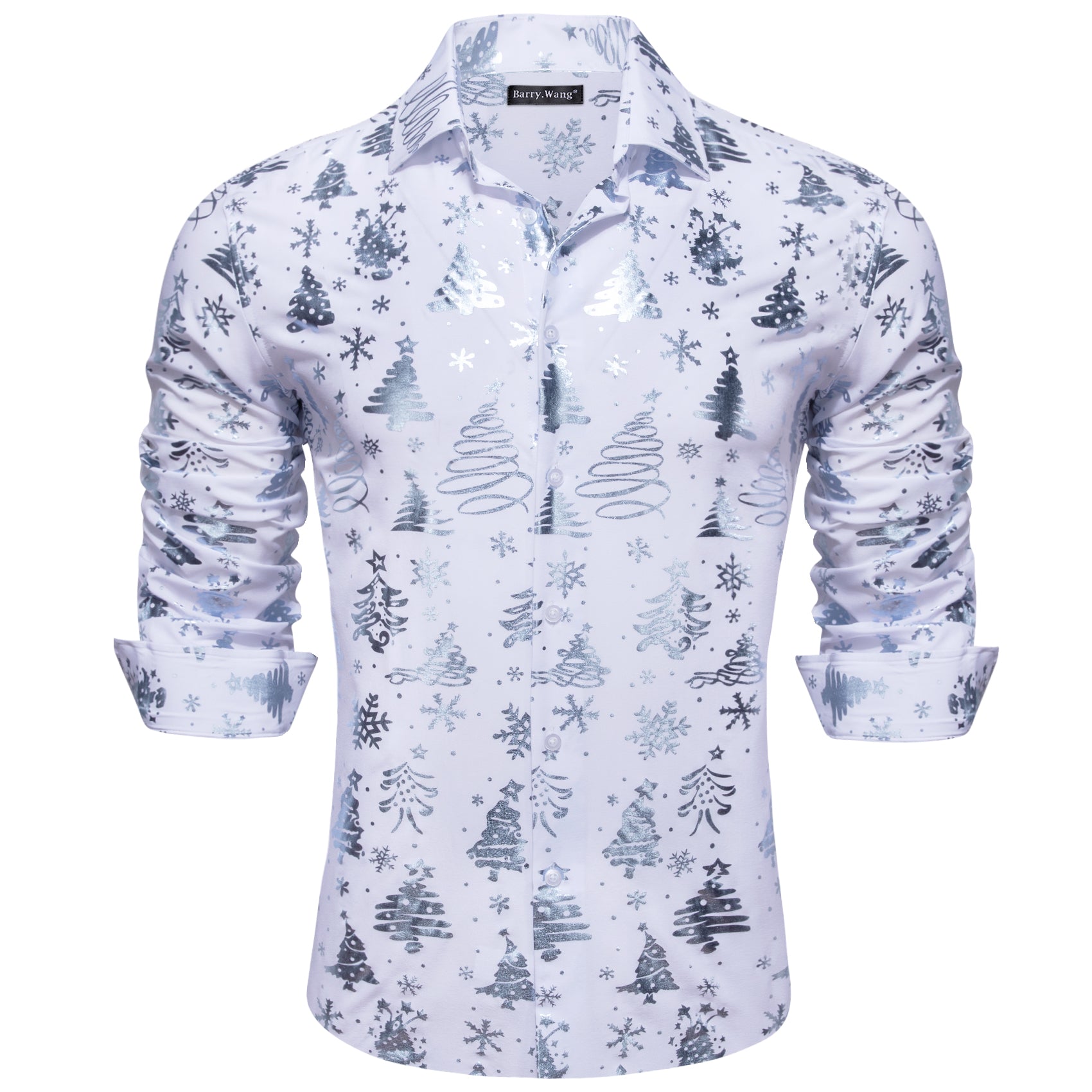 Christmas White Silver Xmas Pattern Floral Silk Men's Shirt