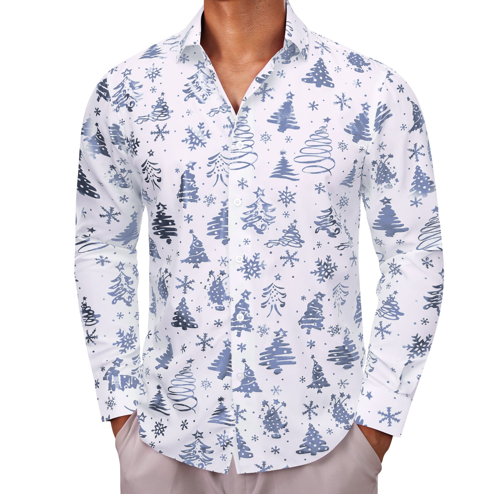 Christmas White Silver Xmas Pattern Floral Silk Men's Shirt