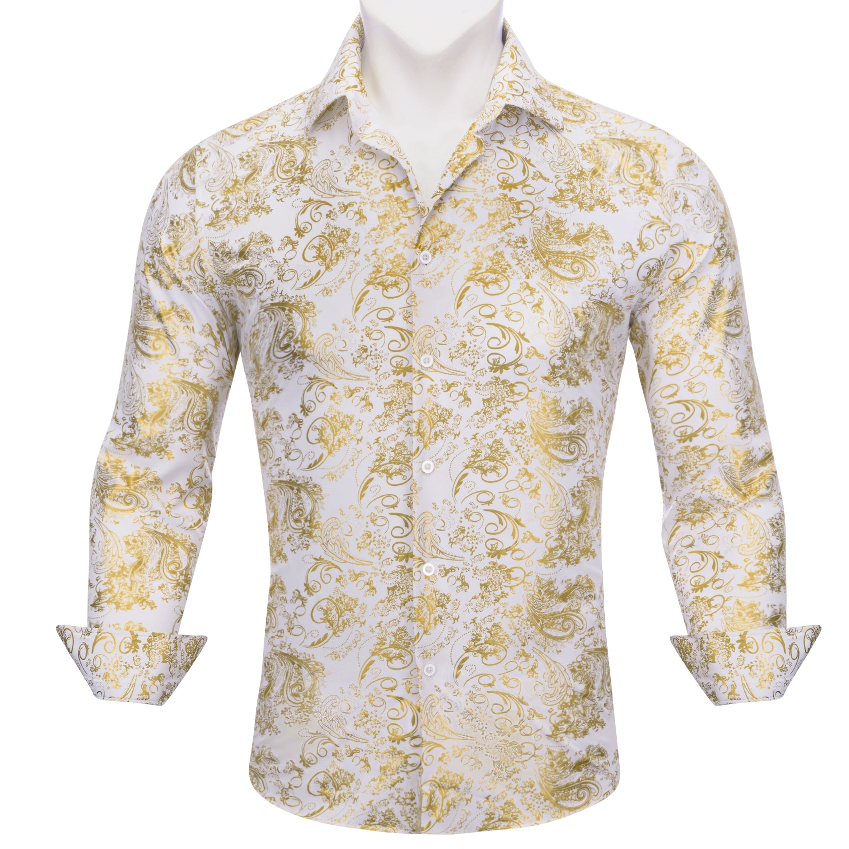 Barry Wang Button Down Shirt White Gold Paisley Silk Shirt for Mens