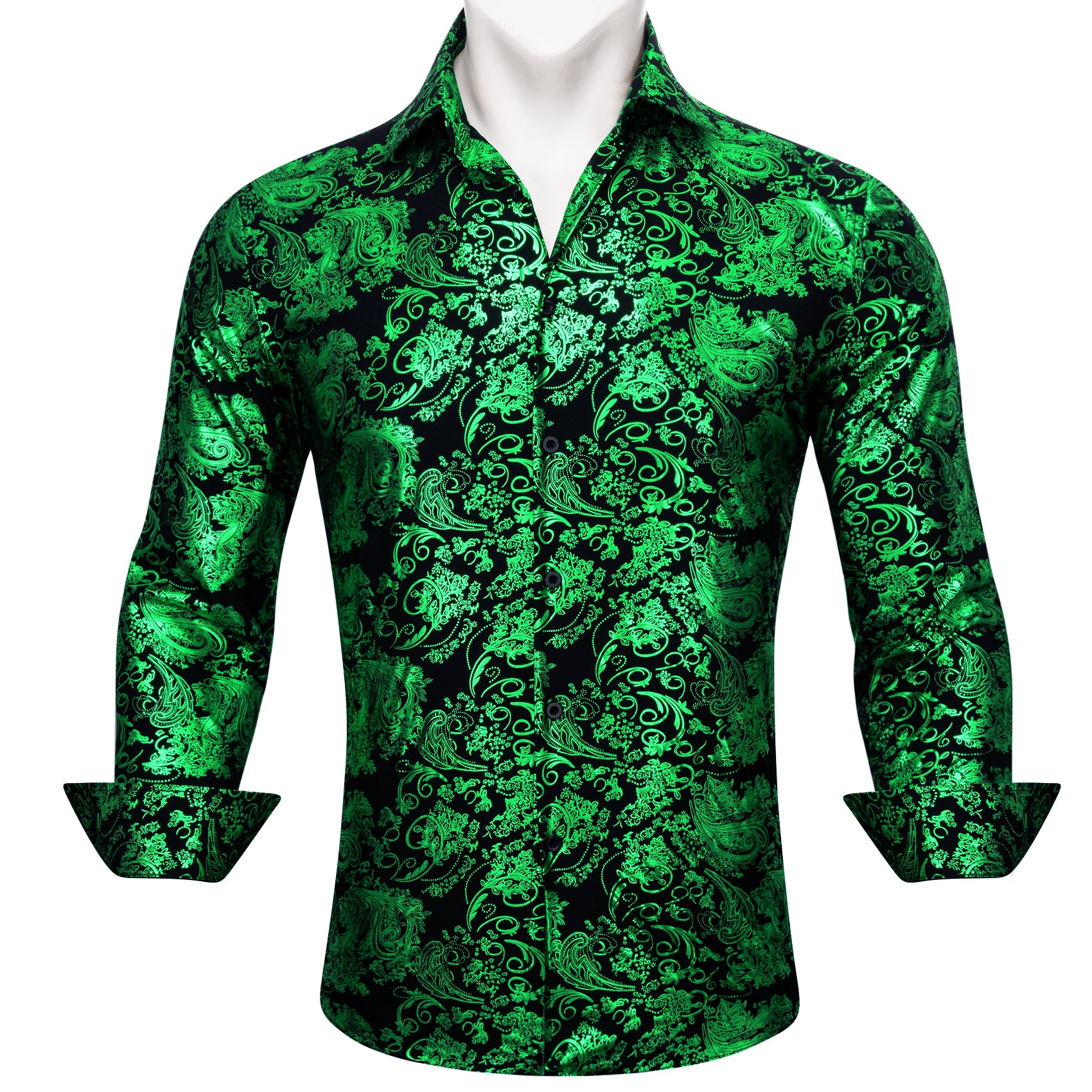 Barry Wang Light Green Black Paisley Silk button-down Shirt for Men