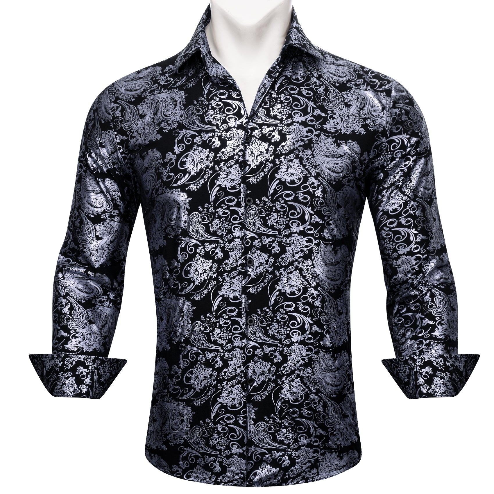 Barry.wang Grey Black Paisley Silk Men's Shirt