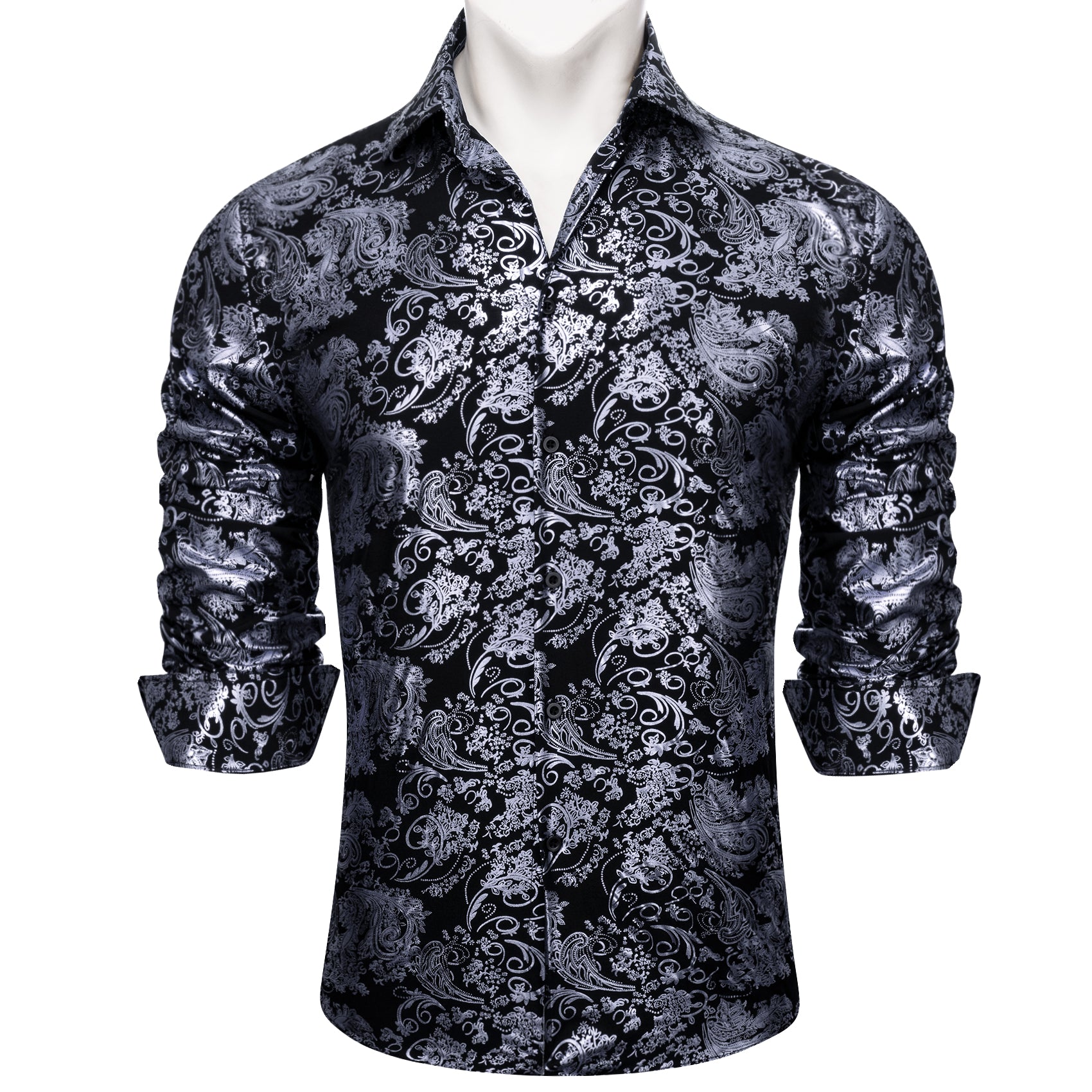 Barry.wang Grey Black Paisley Silk Men's Shirt