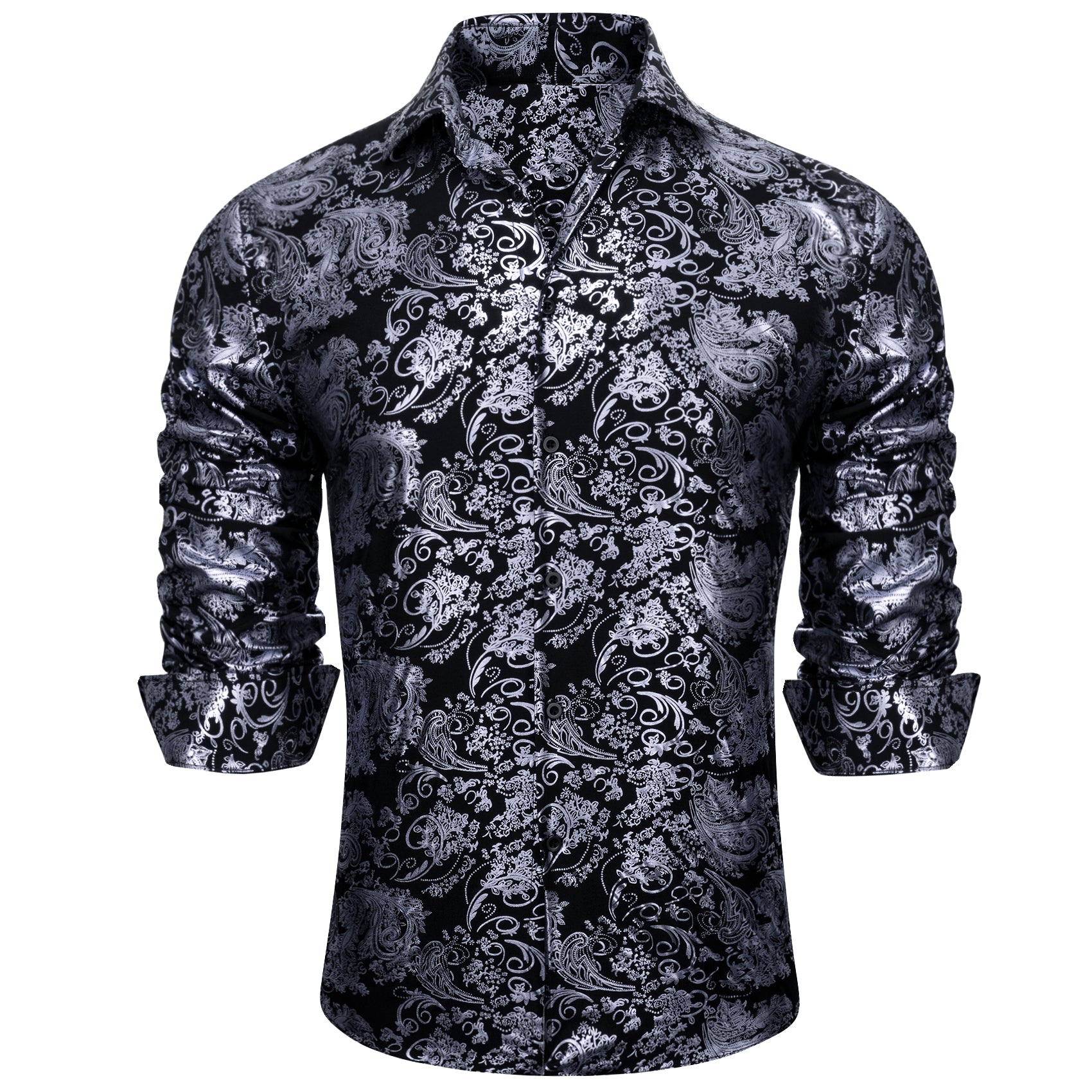 Barry.wang Grey Black Paisley Silk Men's Shirt