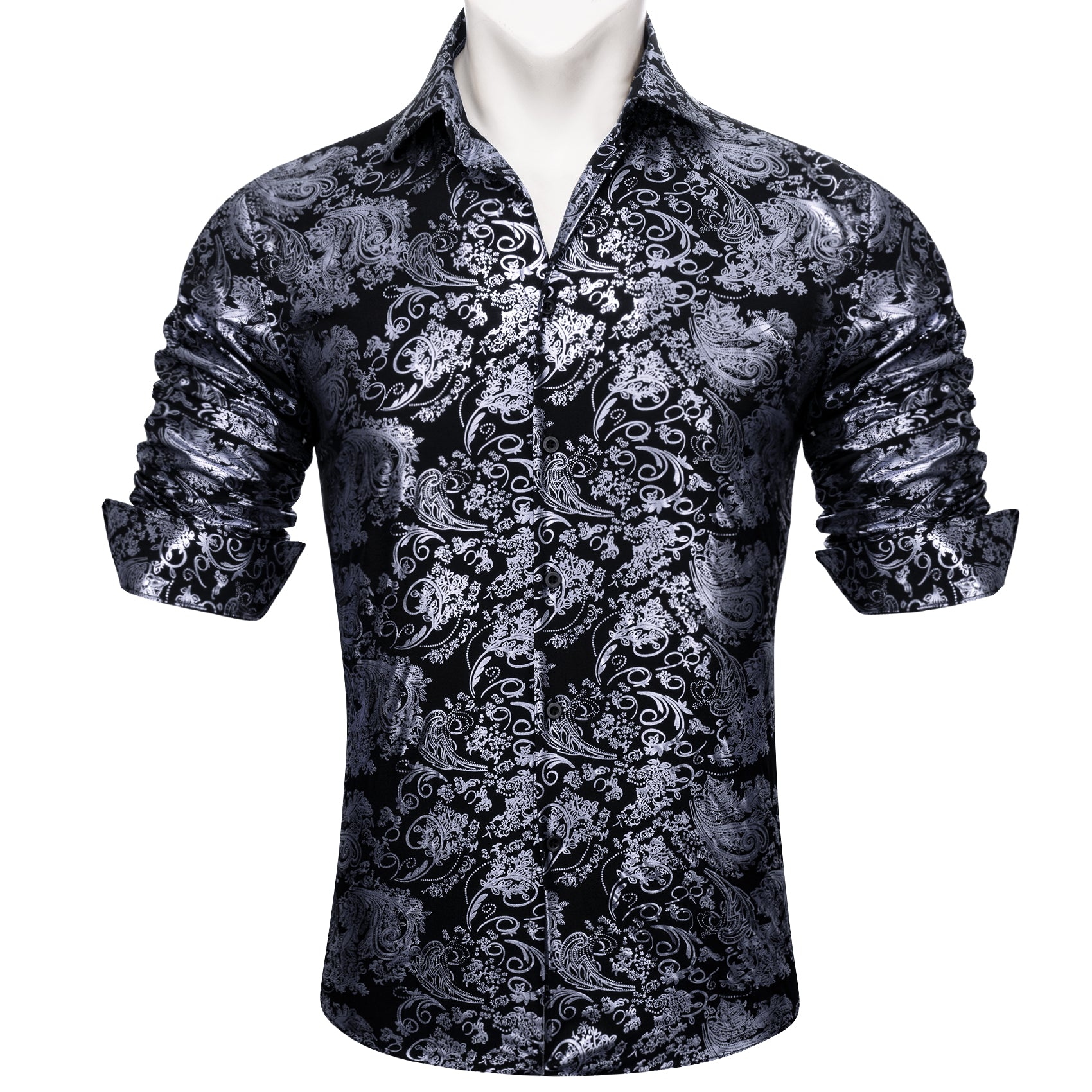 Barry.wang Grey Black Paisley Silk Men's Shirt