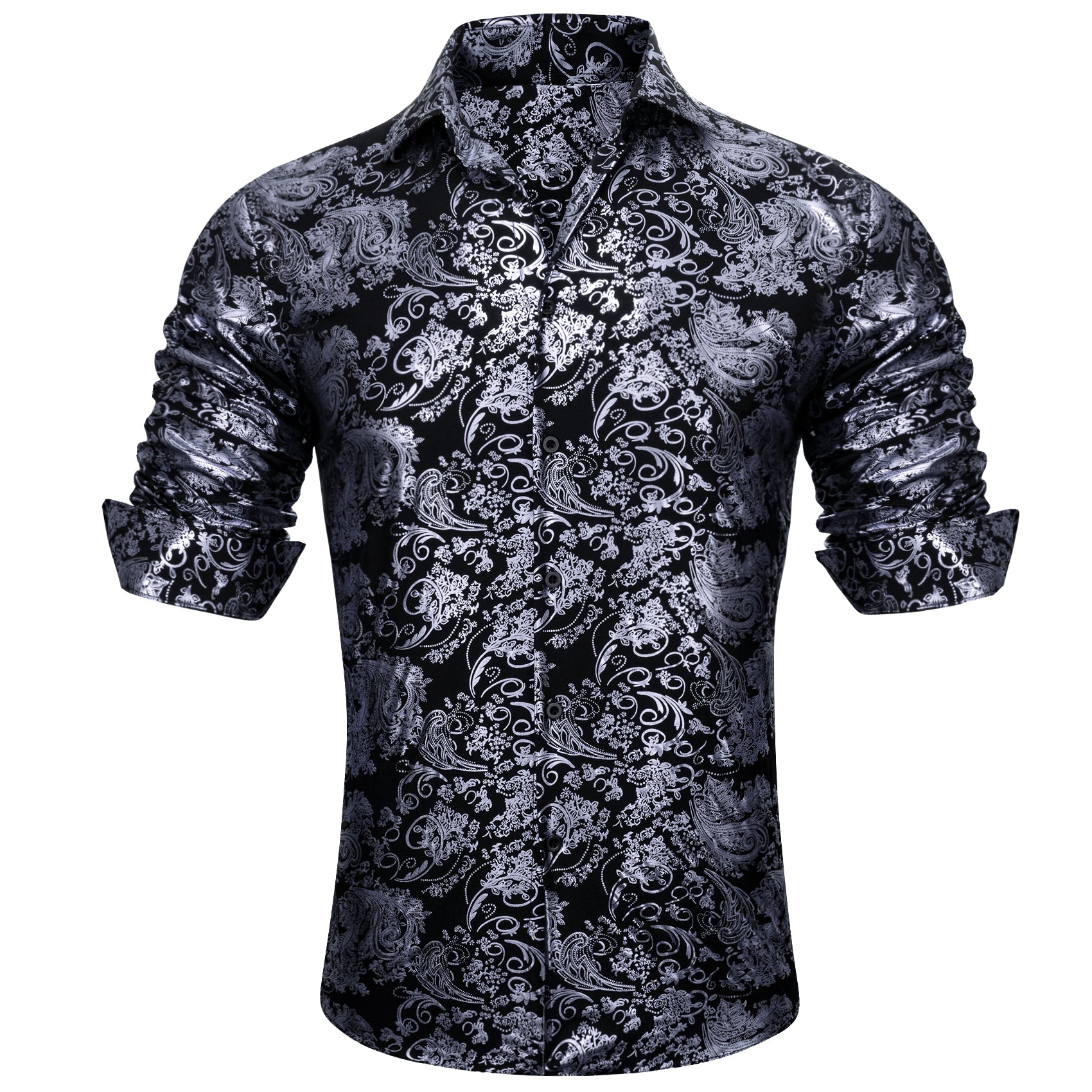 Barry.wang Grey Black Paisley Silk Men's Shirt