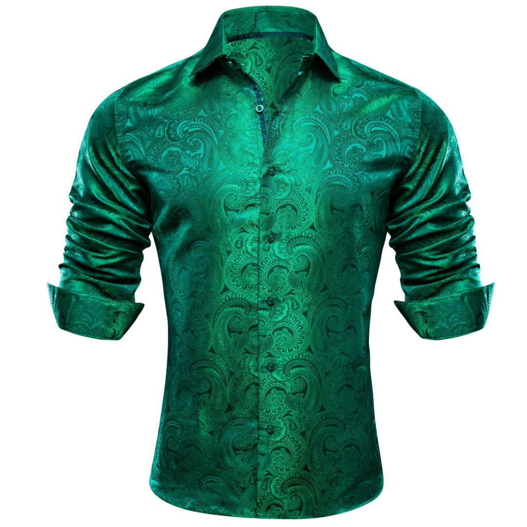 Barry Wang Pale Green Shirt Mens Paisley Silk Long Sleeve Dinner Shirt