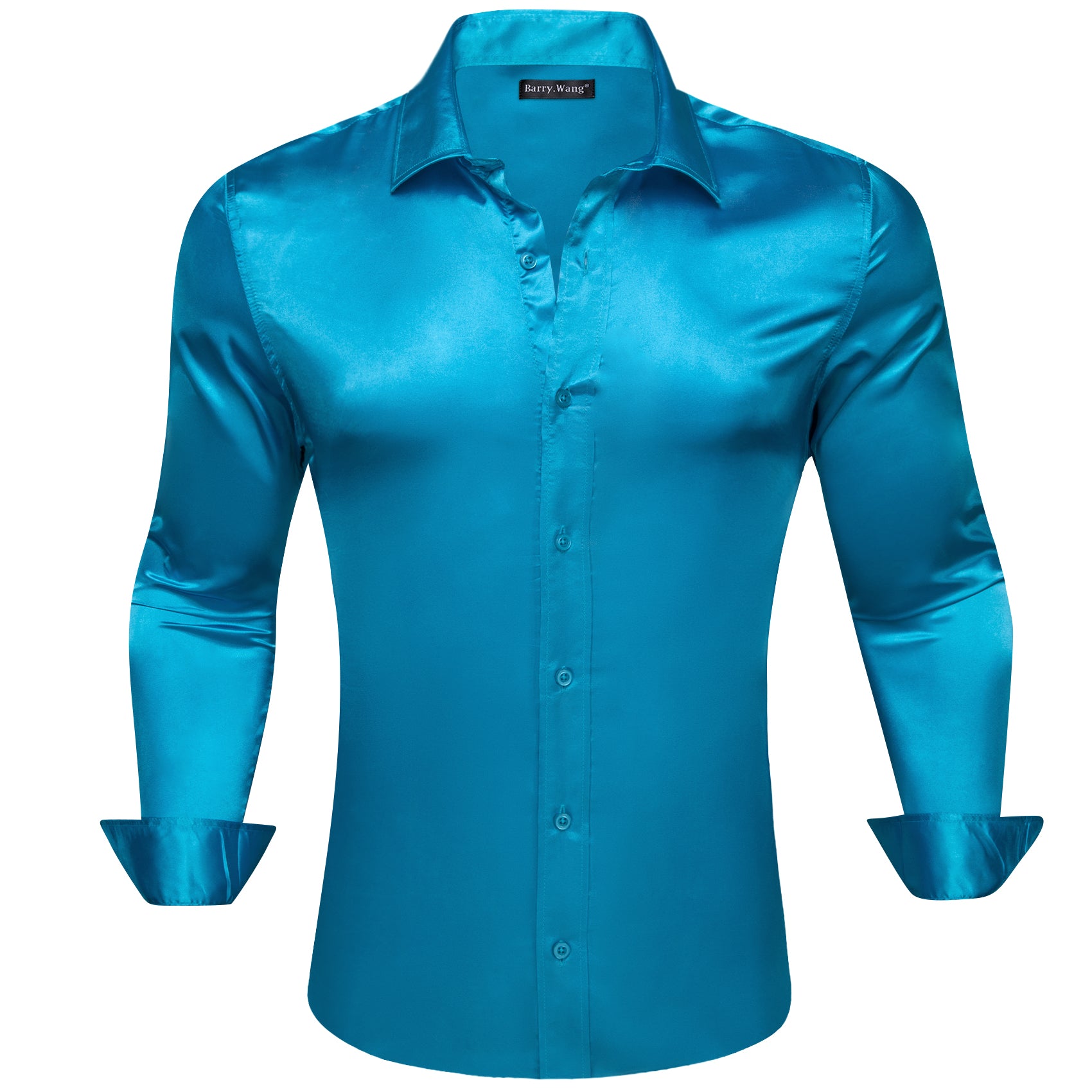 Barry.Wang Sky Blue Dress Shirt Solid Silk Men's Long Sleeve Shirt