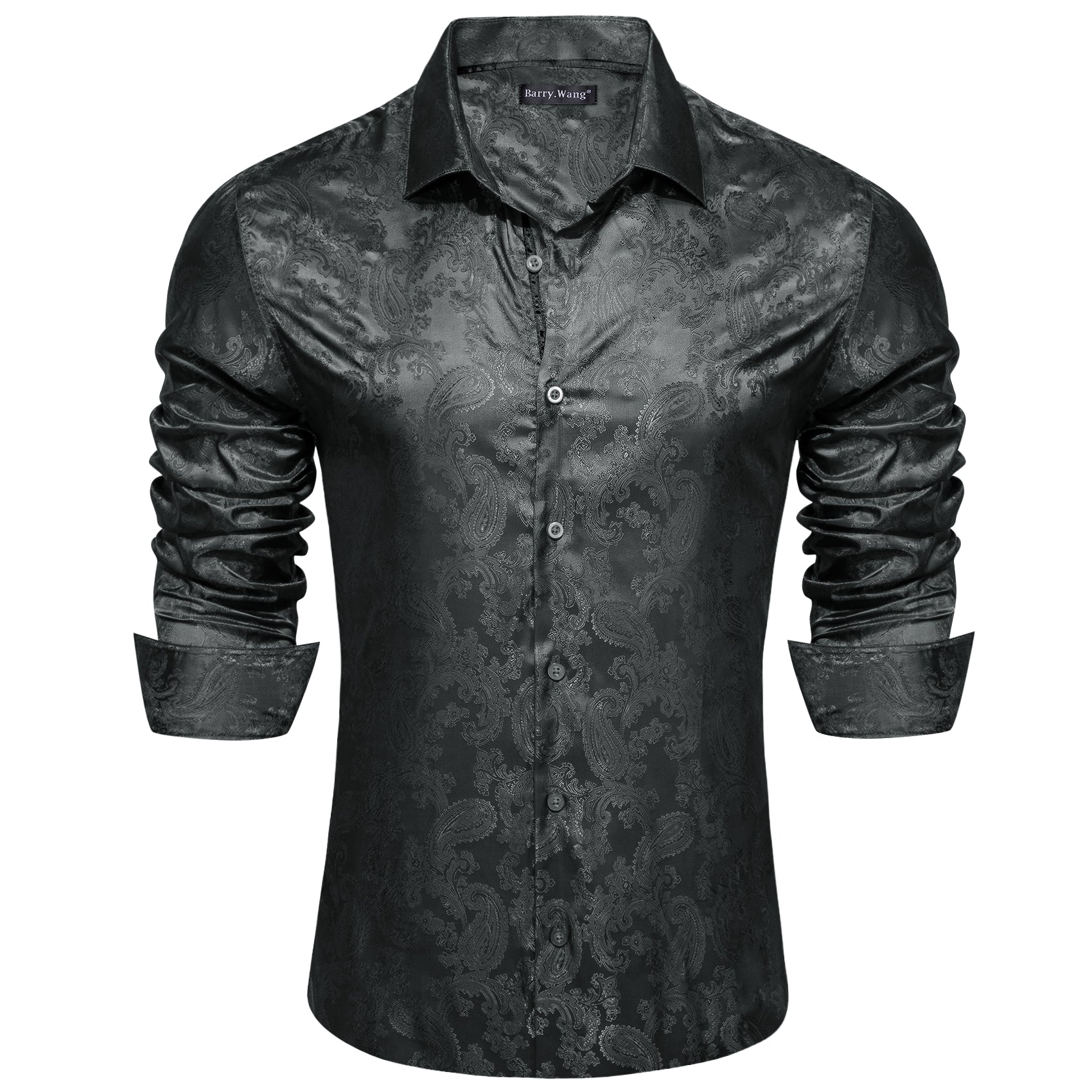 Barry Wang Black Dark Grey Paisley Silk Men's Button-Down Dinner Shirt