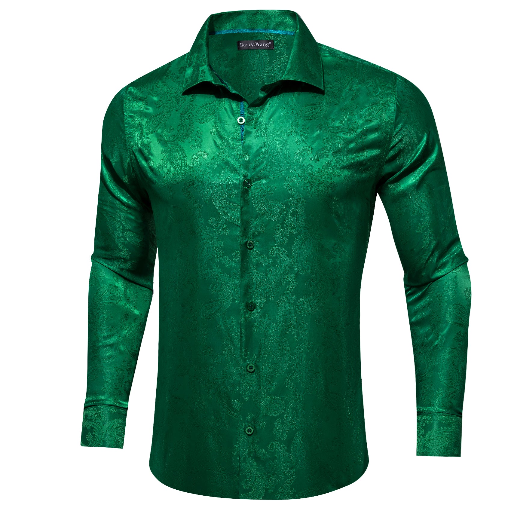 Barry Wang Button Down Long Sleeve Grass Green Paisley Silk Mens Shirt