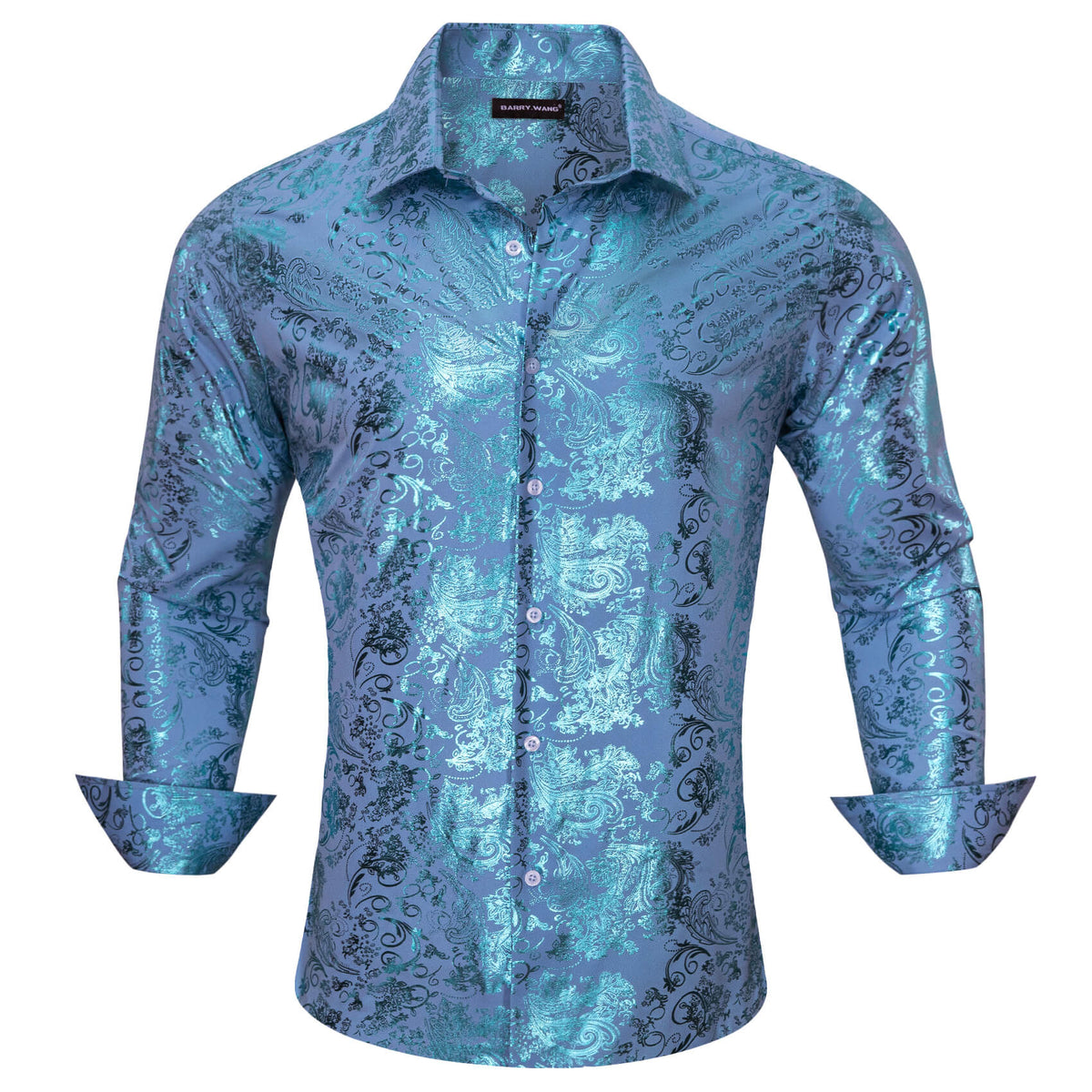 Barry.wang Men's Shirt Sky Blue Bronzing Floral Silk Long Sleeve Shirt