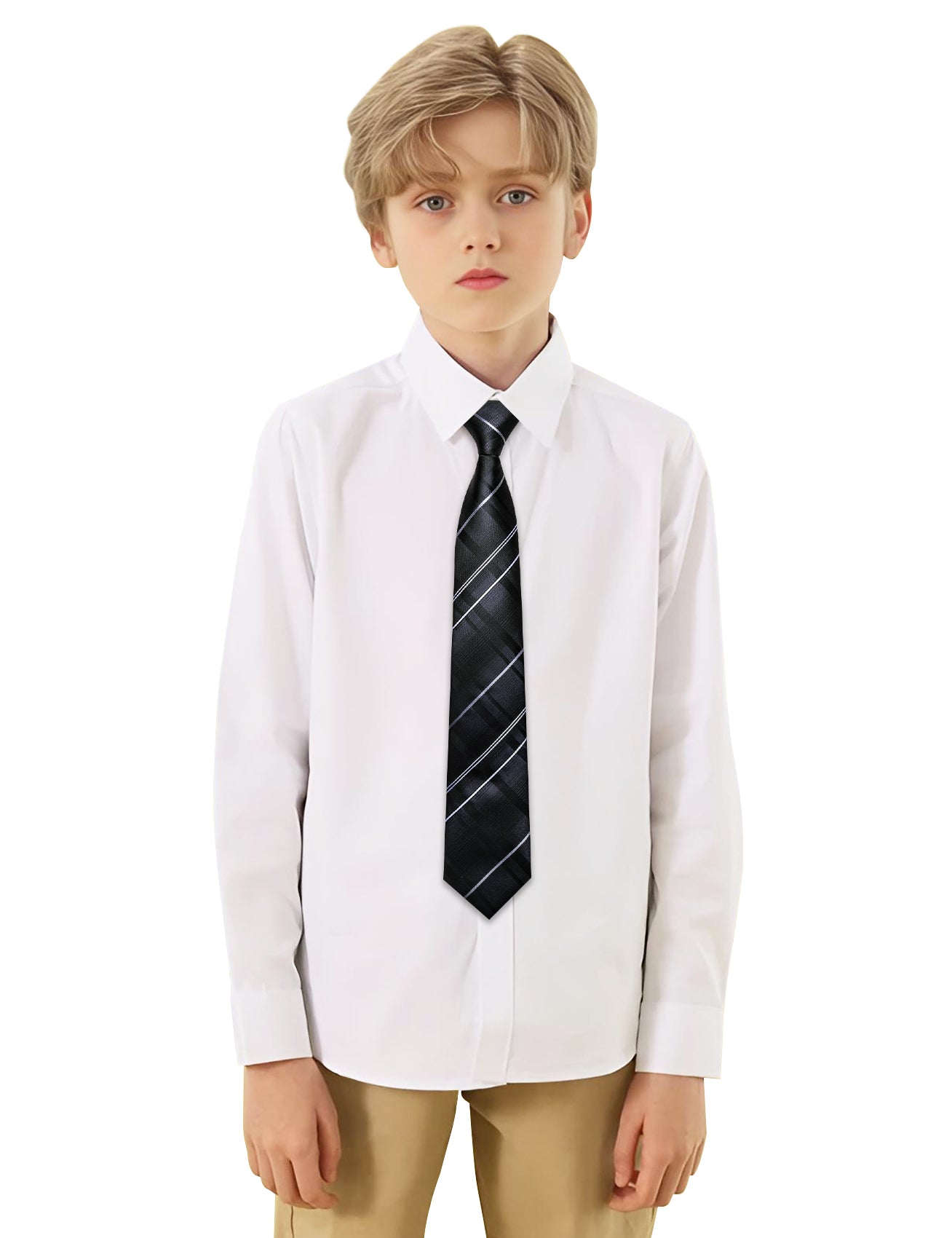 Barry.wang Kids Tie Black White Plaid Children's Silk Tie Hanky Set