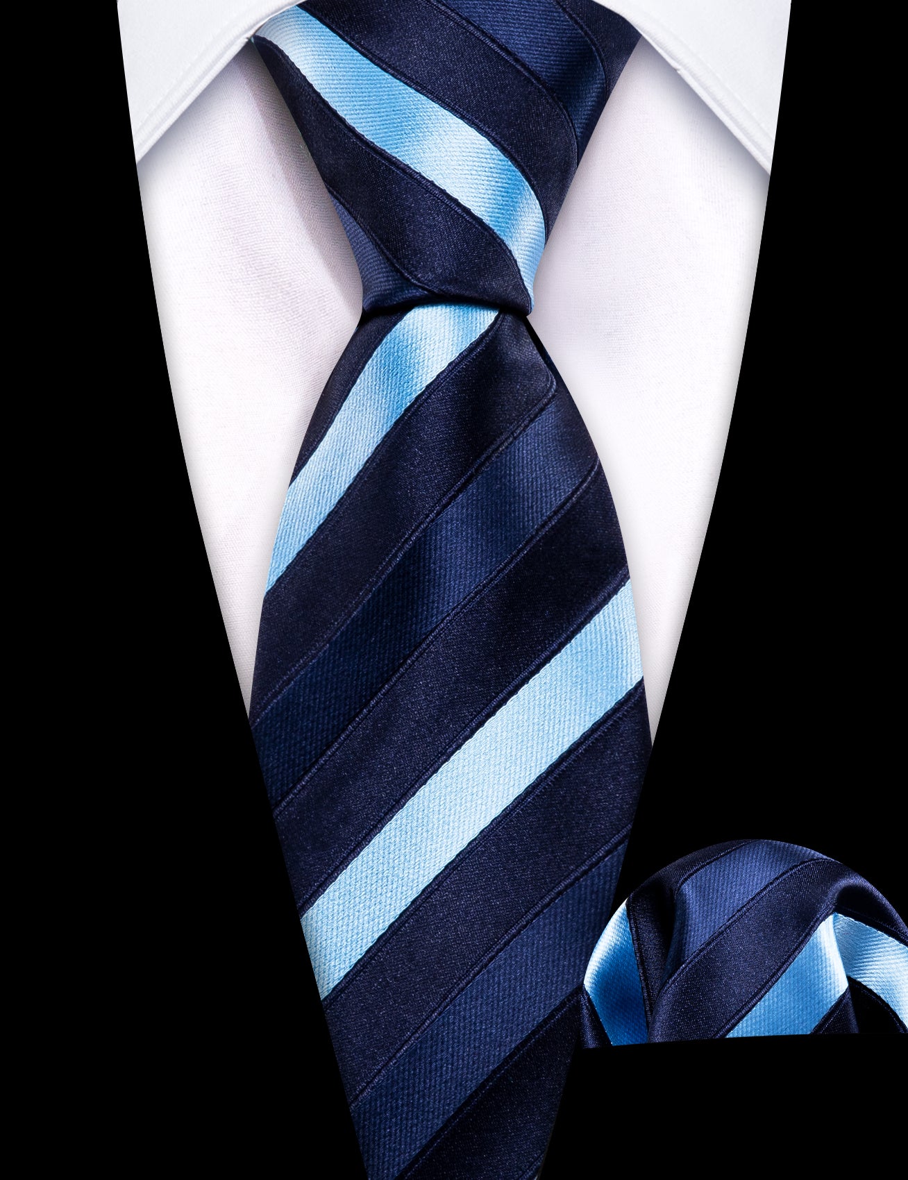 Children Blue Black Striped Boys Necktie Pocket Square Set