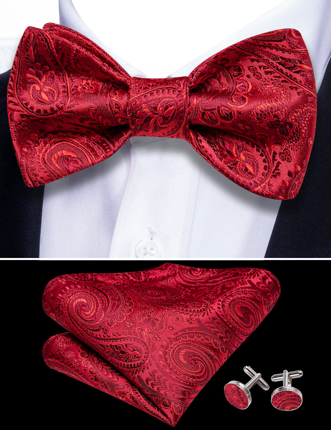 Red Paisley Bow Tie Hanky Cufflinks Set