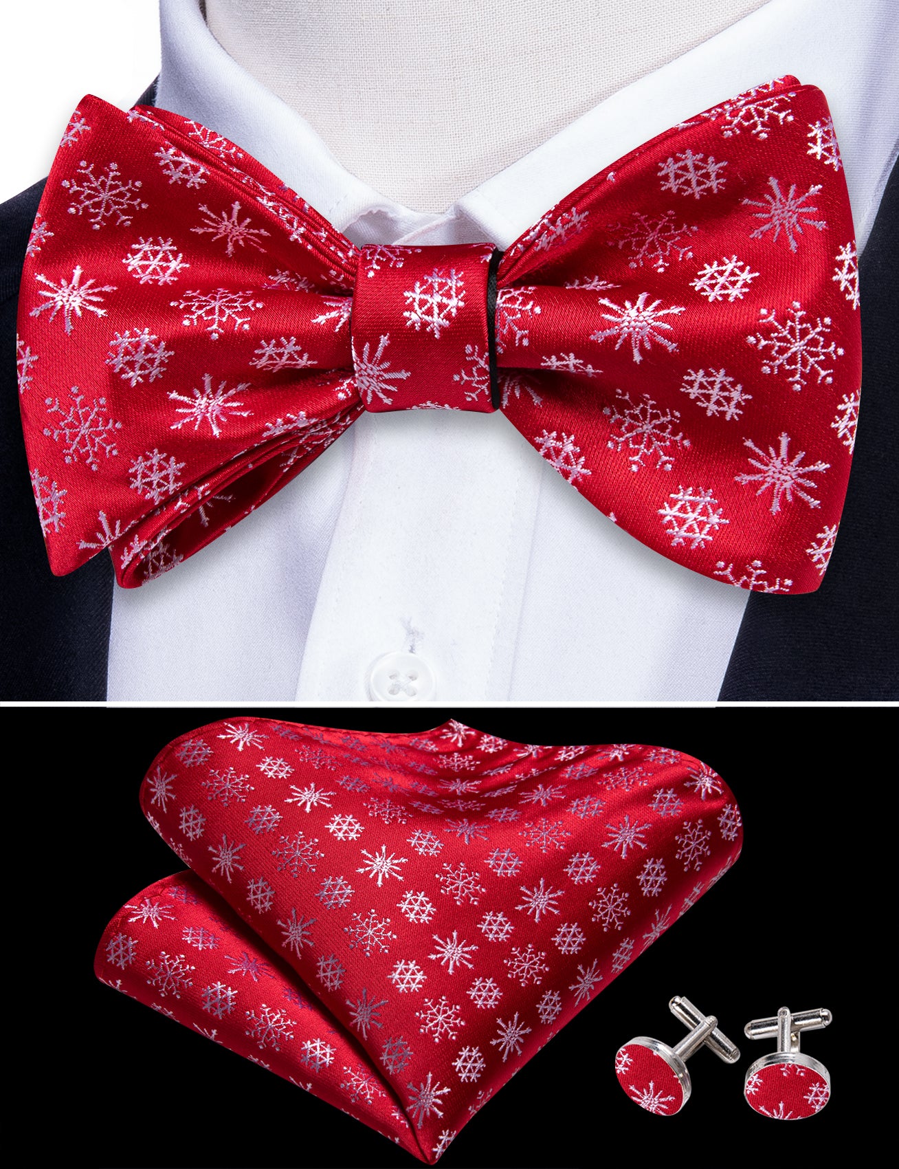 Christmas Red White Snowflake Silk Self Tie Bow Tie Hanky Cufflinks Set