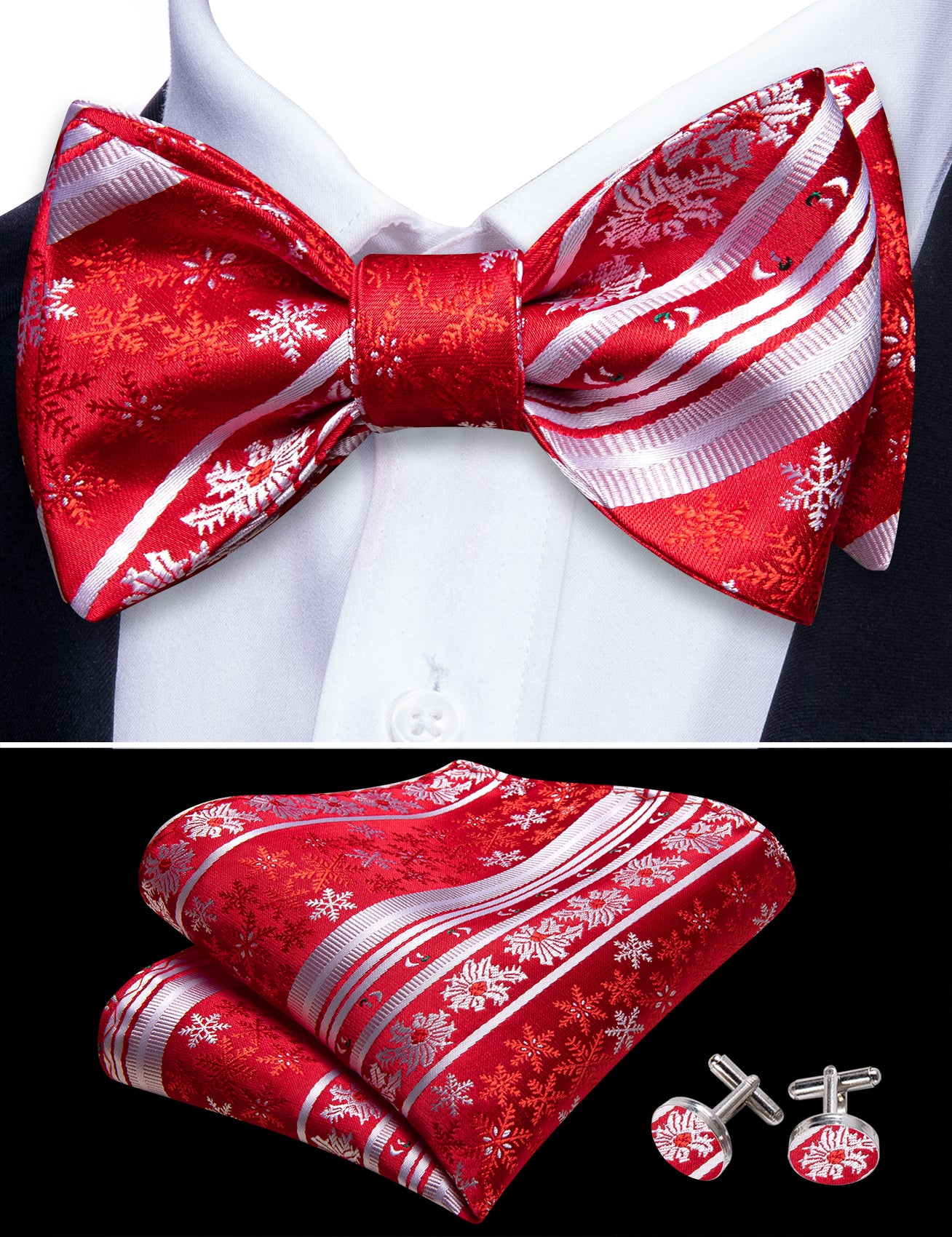 Christmas Red White Snowflake Self Tied Bow Tie Hanky Cufflinks Set