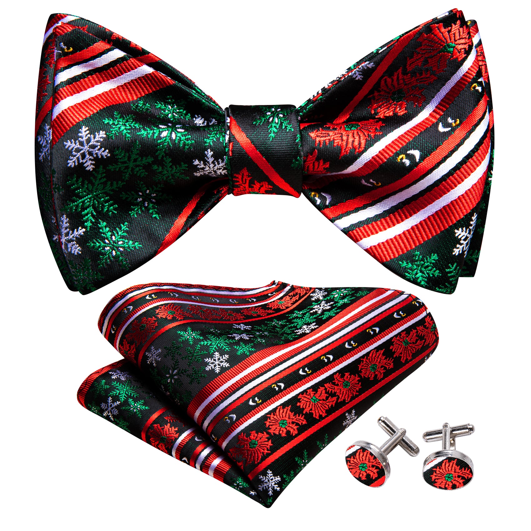 Christmas Green Red Snowflake Self Tied Bow Tie Hanky Cufflinks Set