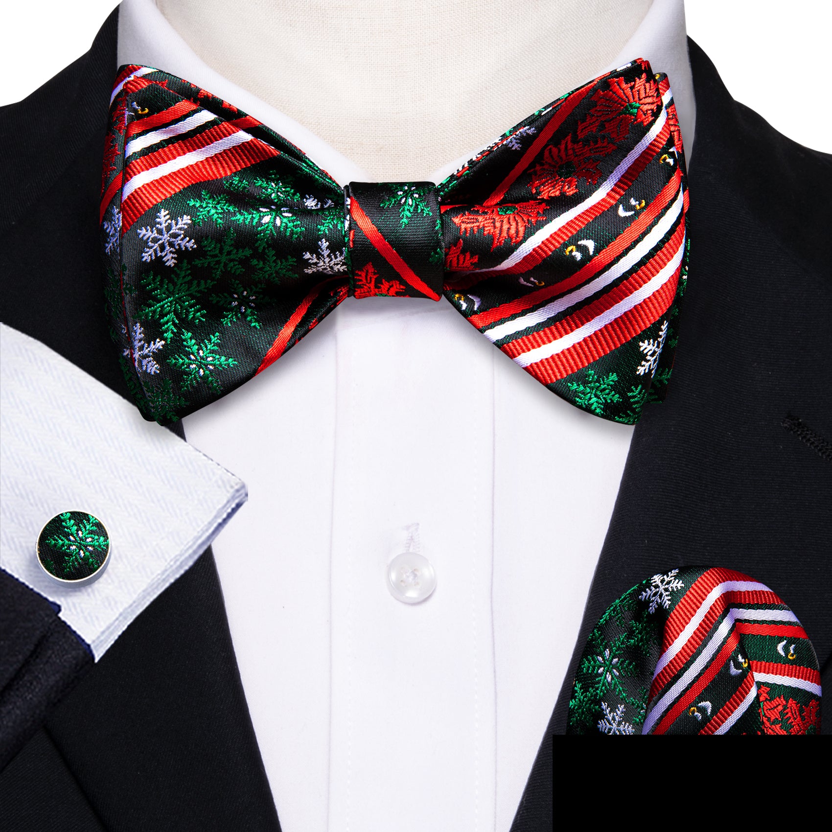 Christmas Green Red Snowflake Self Tied Bow Tie Hanky Cufflinks Set