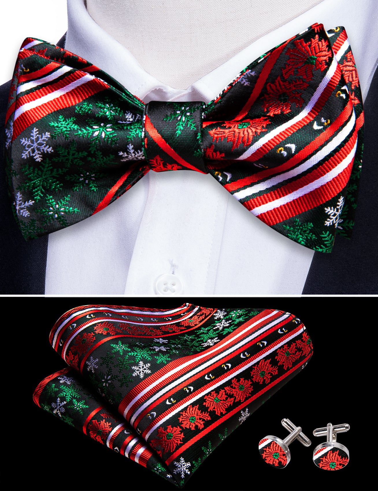 Christmas Green Red Snowflake Self Tied Bow Tie Hanky Cufflinks Set