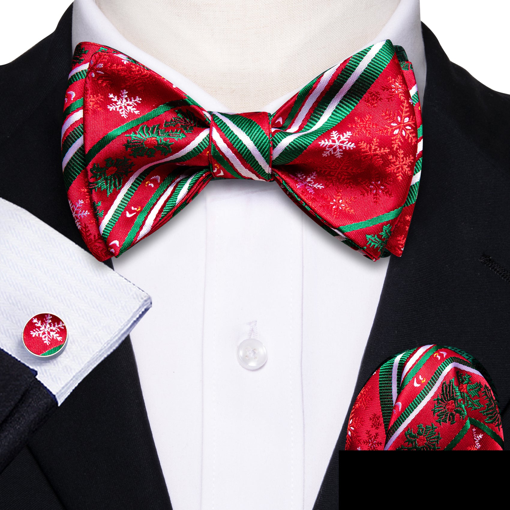 Christmas Red Snowflake Self Tied Bow Tie Hanky Cufflinks Set