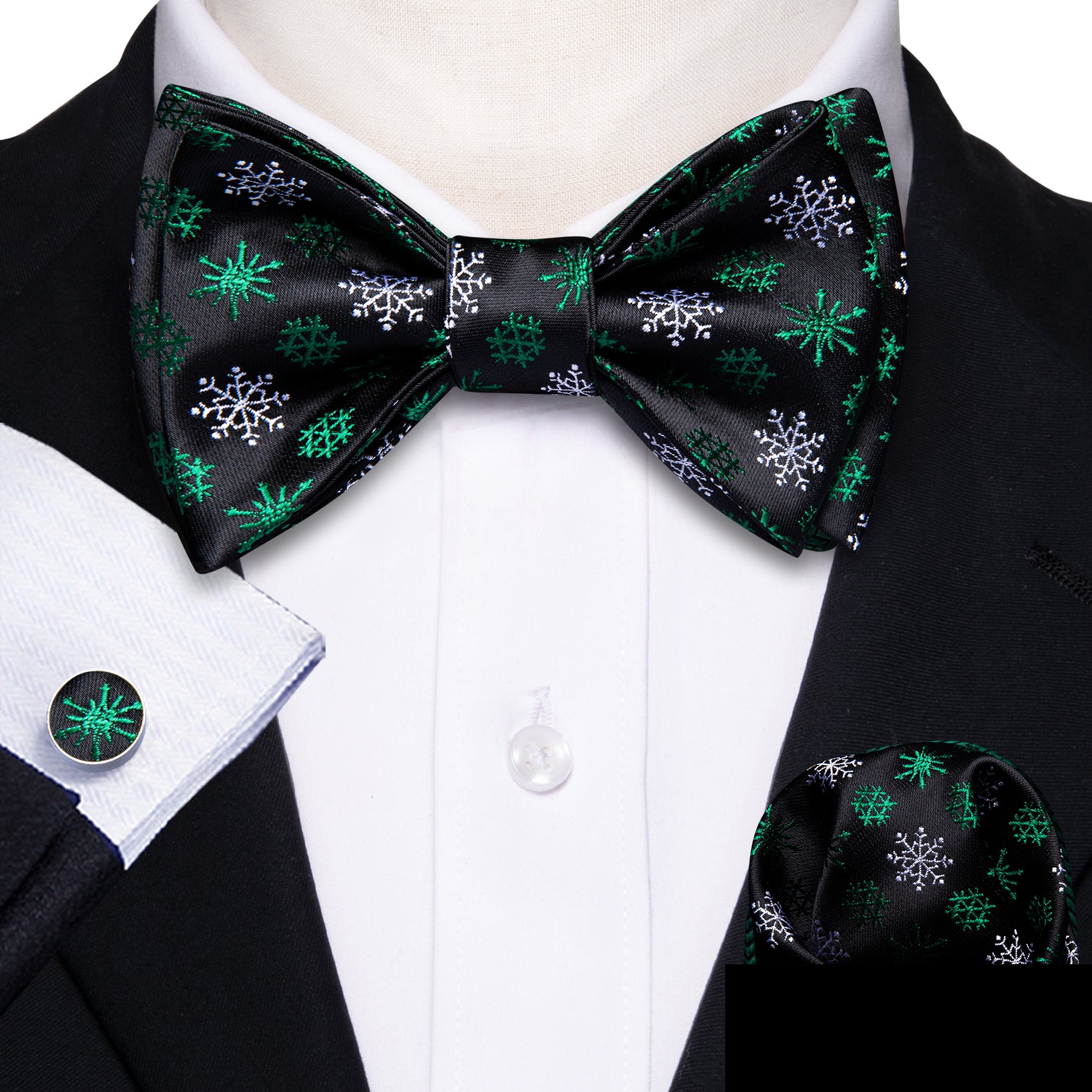 Christmas Black Green Snowflake Self Tied Mens Bow Tie Set