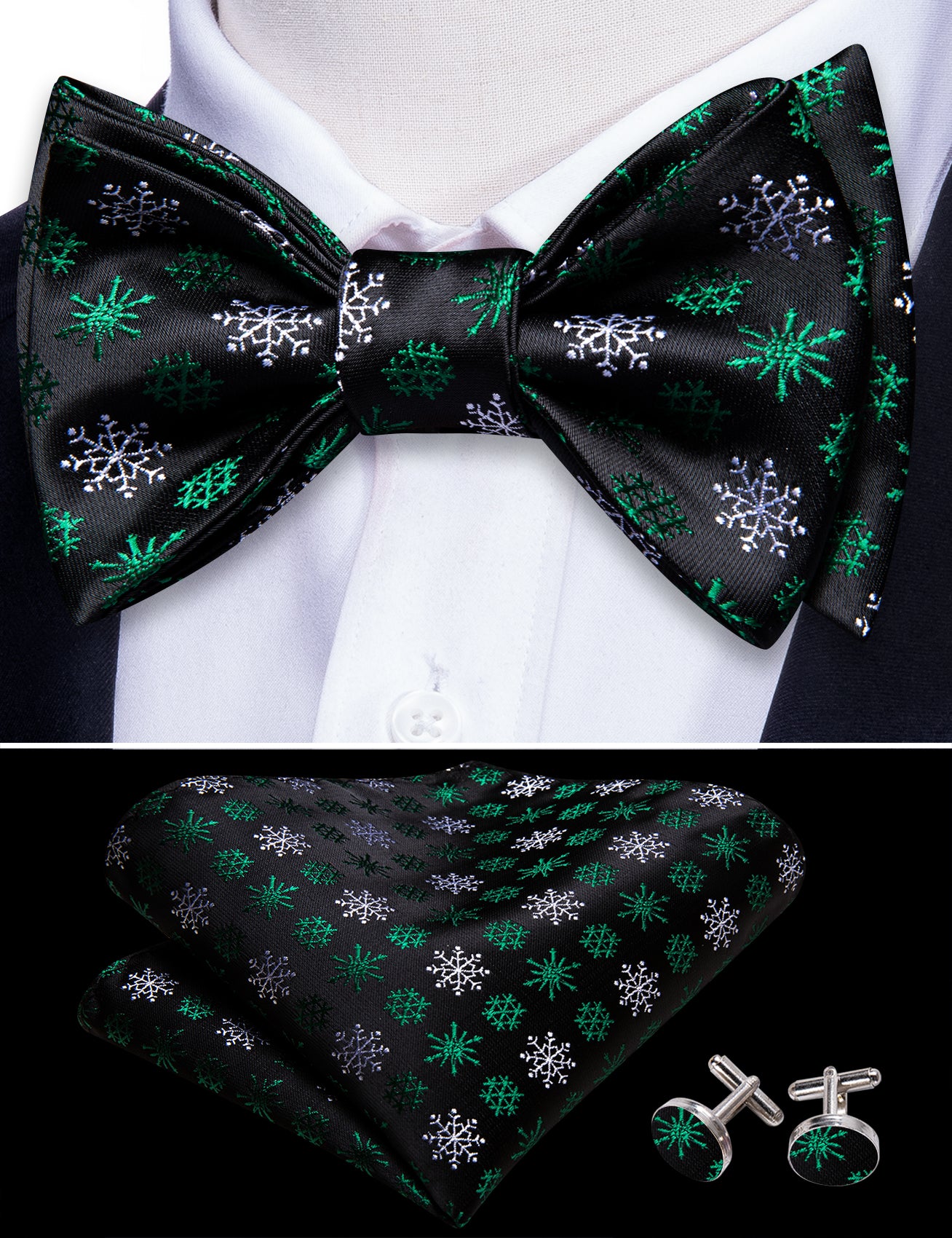 Christmas Black Green Snowflake Self Tied Mens Bow Tie Set