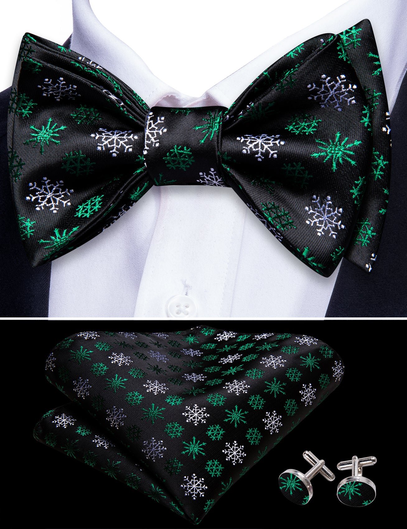 Christmas Black Green Snowflake Self Tied Mens Bow Tie Set