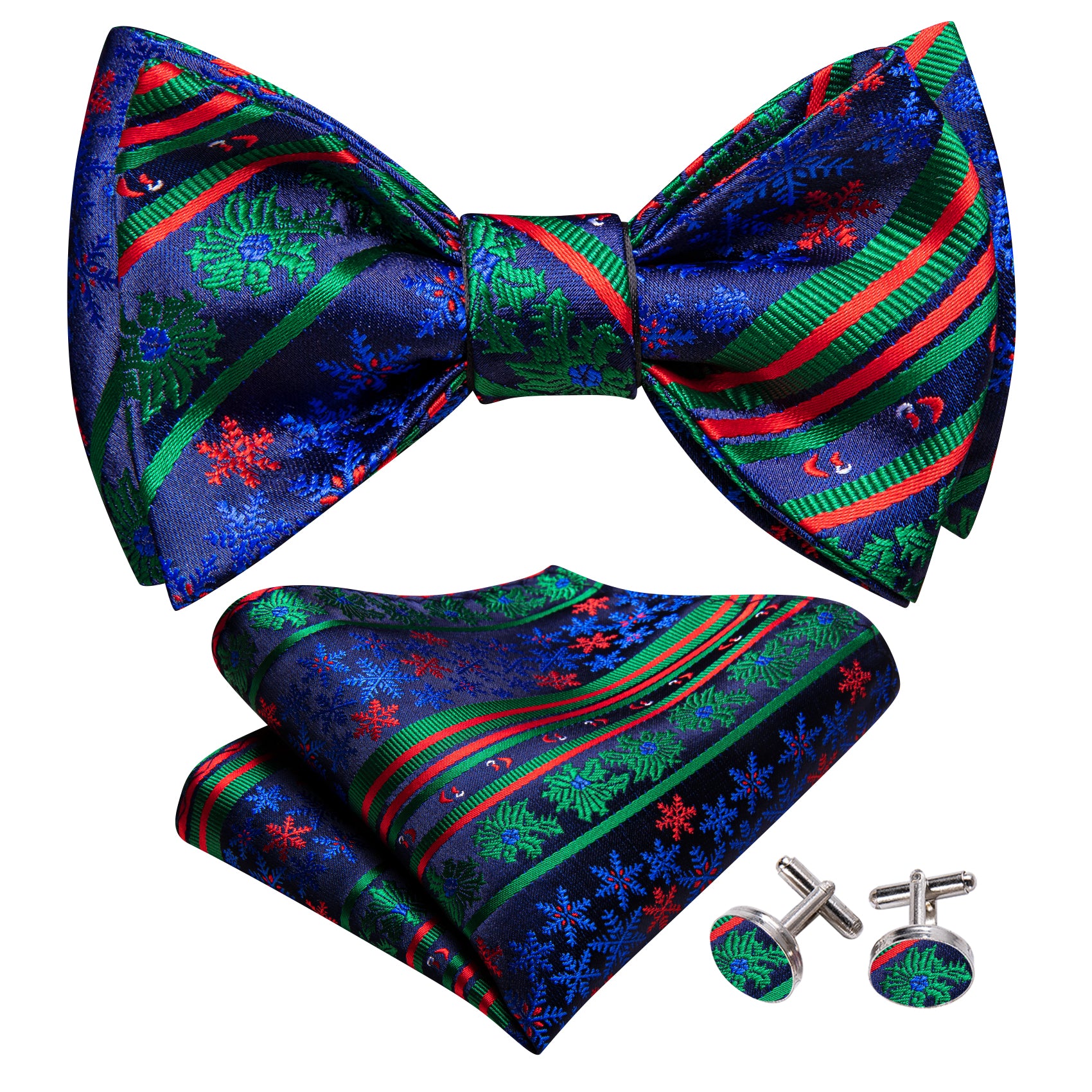 Barry Wang  Christmas Blue Green Snowflake Self Tied Bow Tie Hanky Cufflinks Set