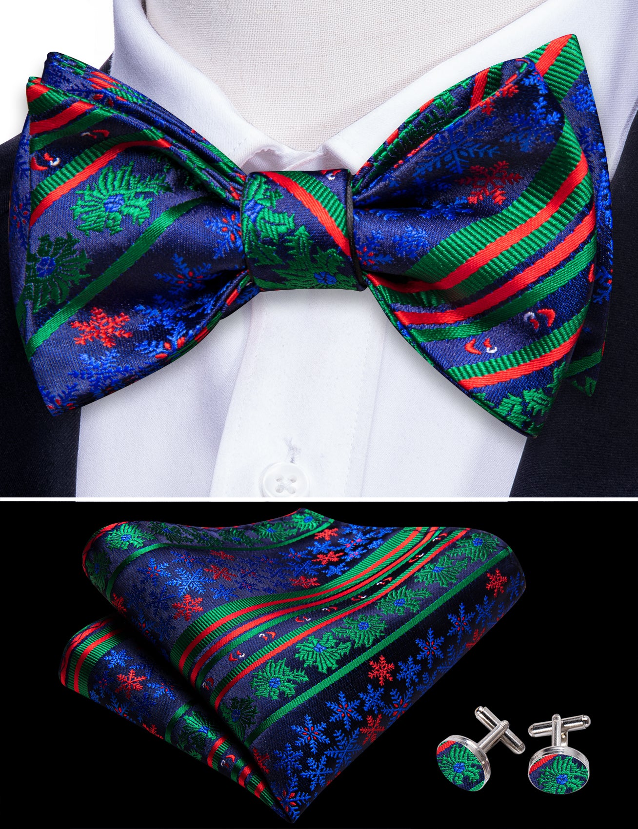 Barry Wang  Christmas Blue Green Snowflake Self Tied Bow Tie Hanky Cufflinks Set