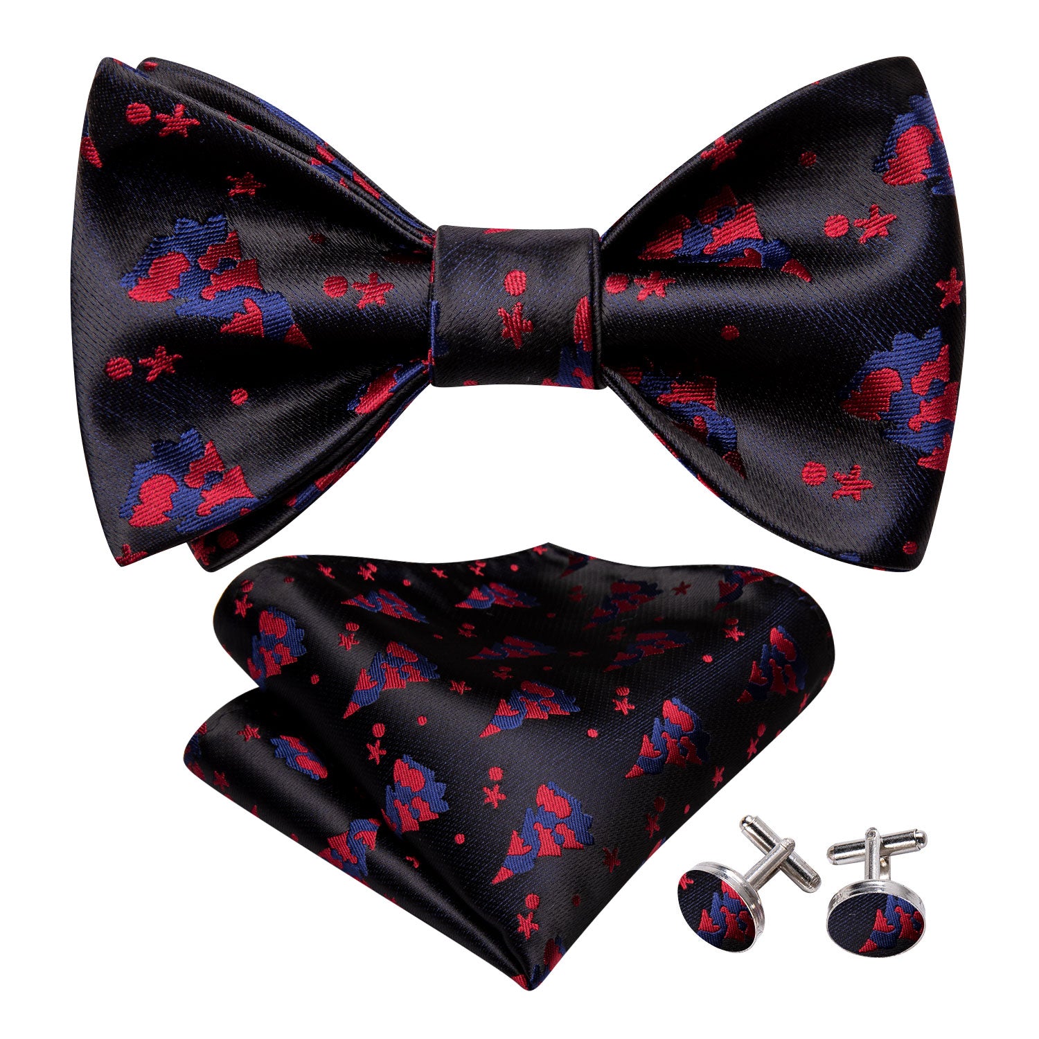  Christmas Black Red Tree Silk Bow Tie Hanky Cufflinks Set