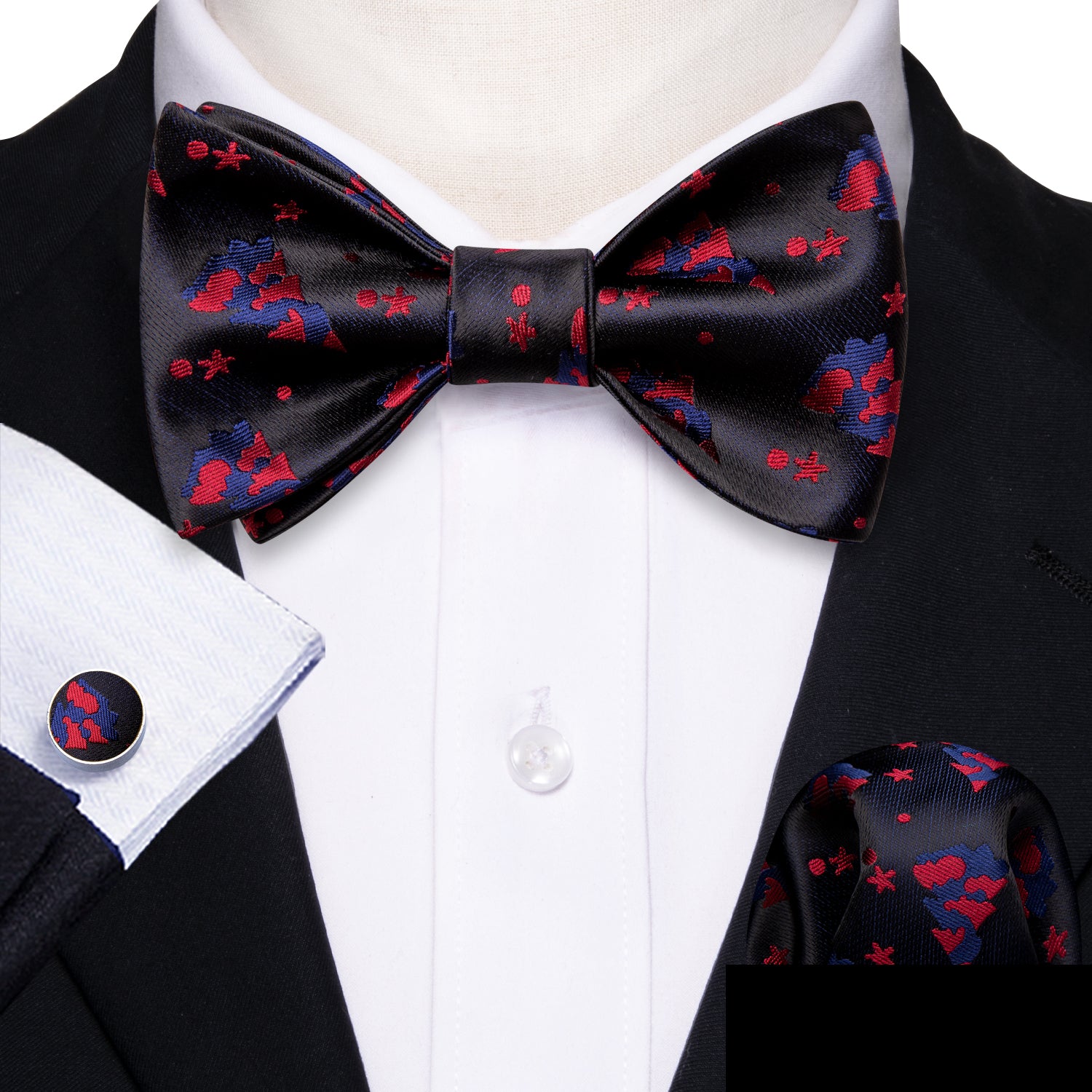  Christmas Black Red Tree Silk Bow Tie Hanky Cufflinks Set