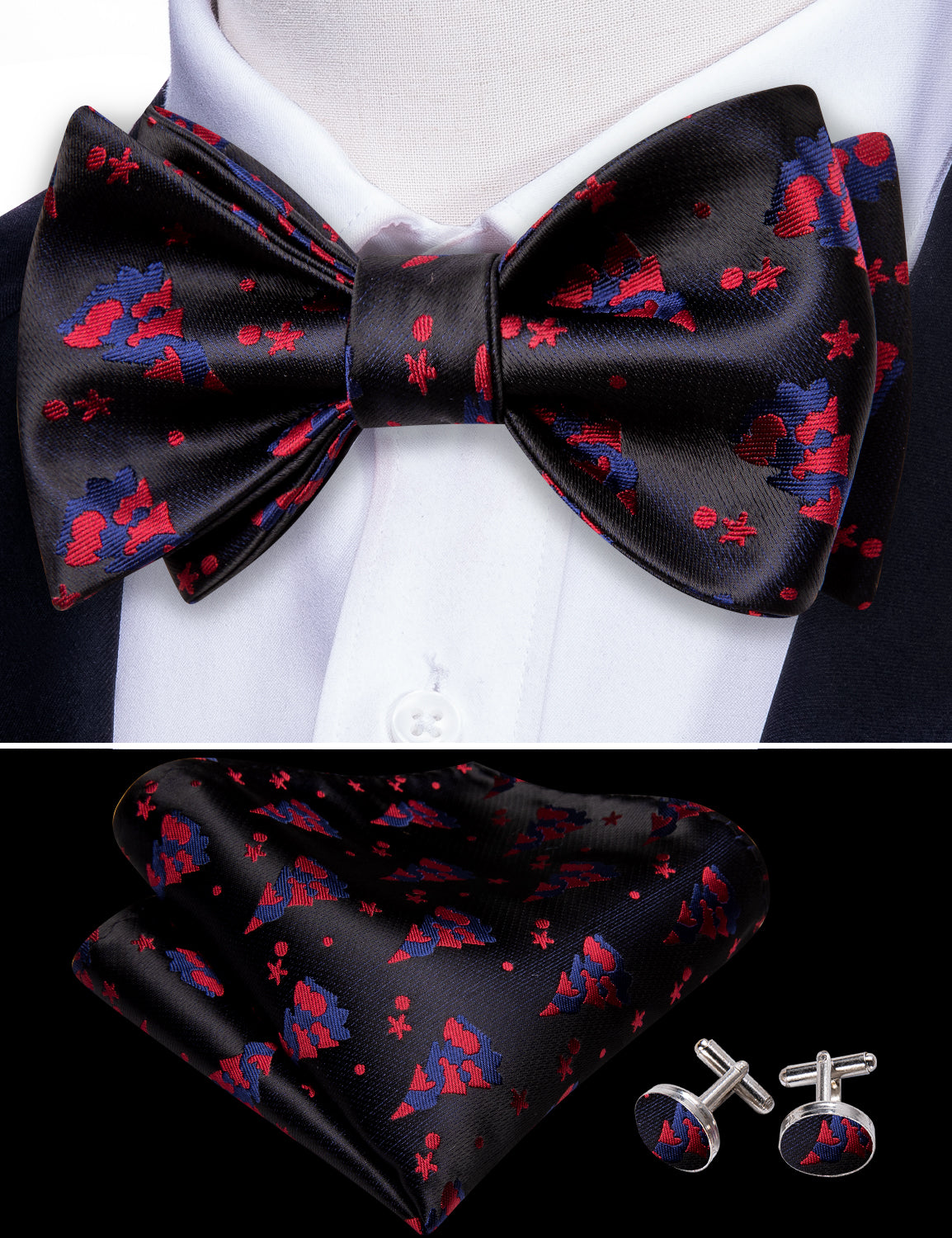  Christmas Black Red Tree Silk Bow Tie Hanky Cufflinks Set