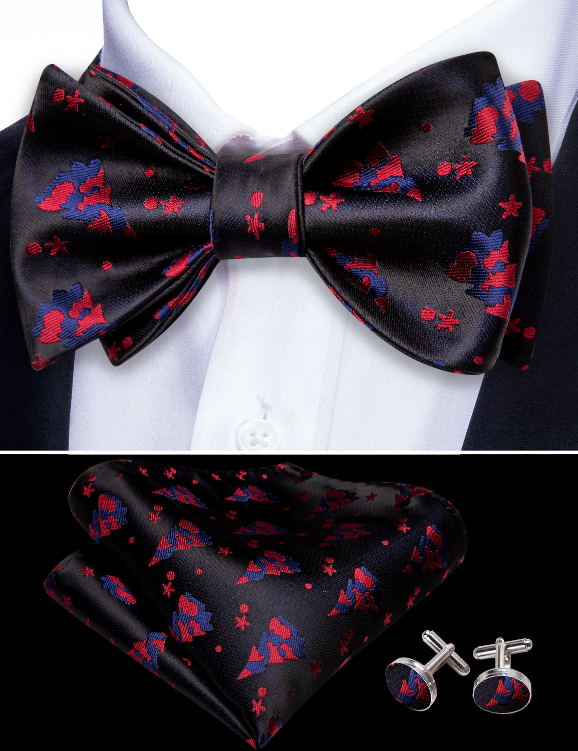  Christmas Black Red Tree Silk Bow Tie Hanky Cufflinks Set