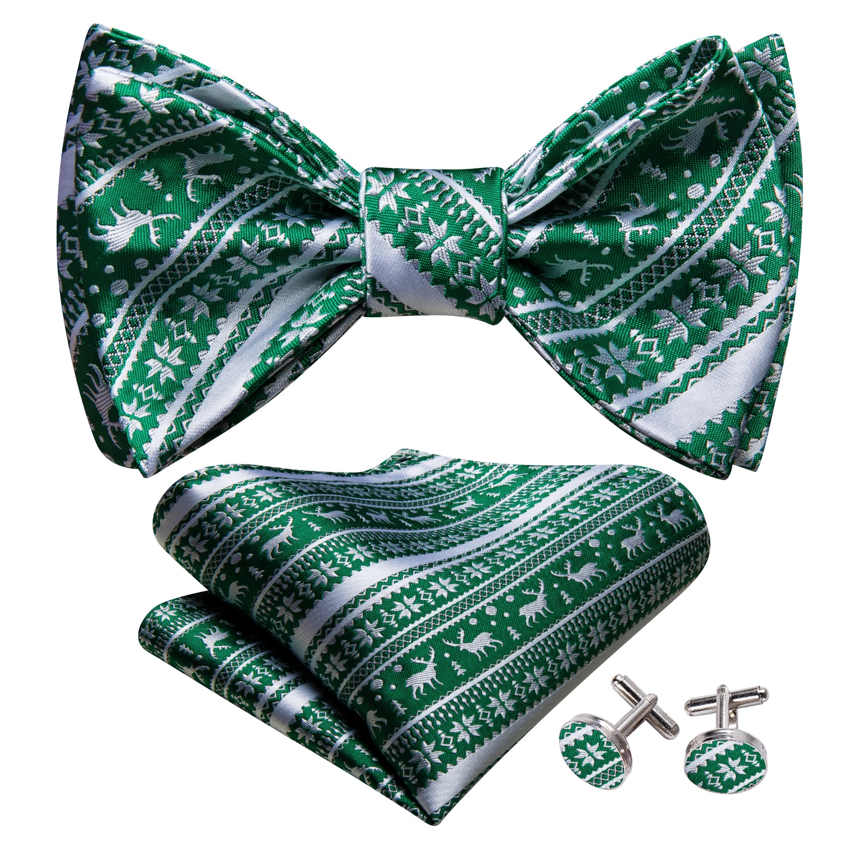 Christmas Green White Self Tied Bow Tie Hanky Cufflinks Set