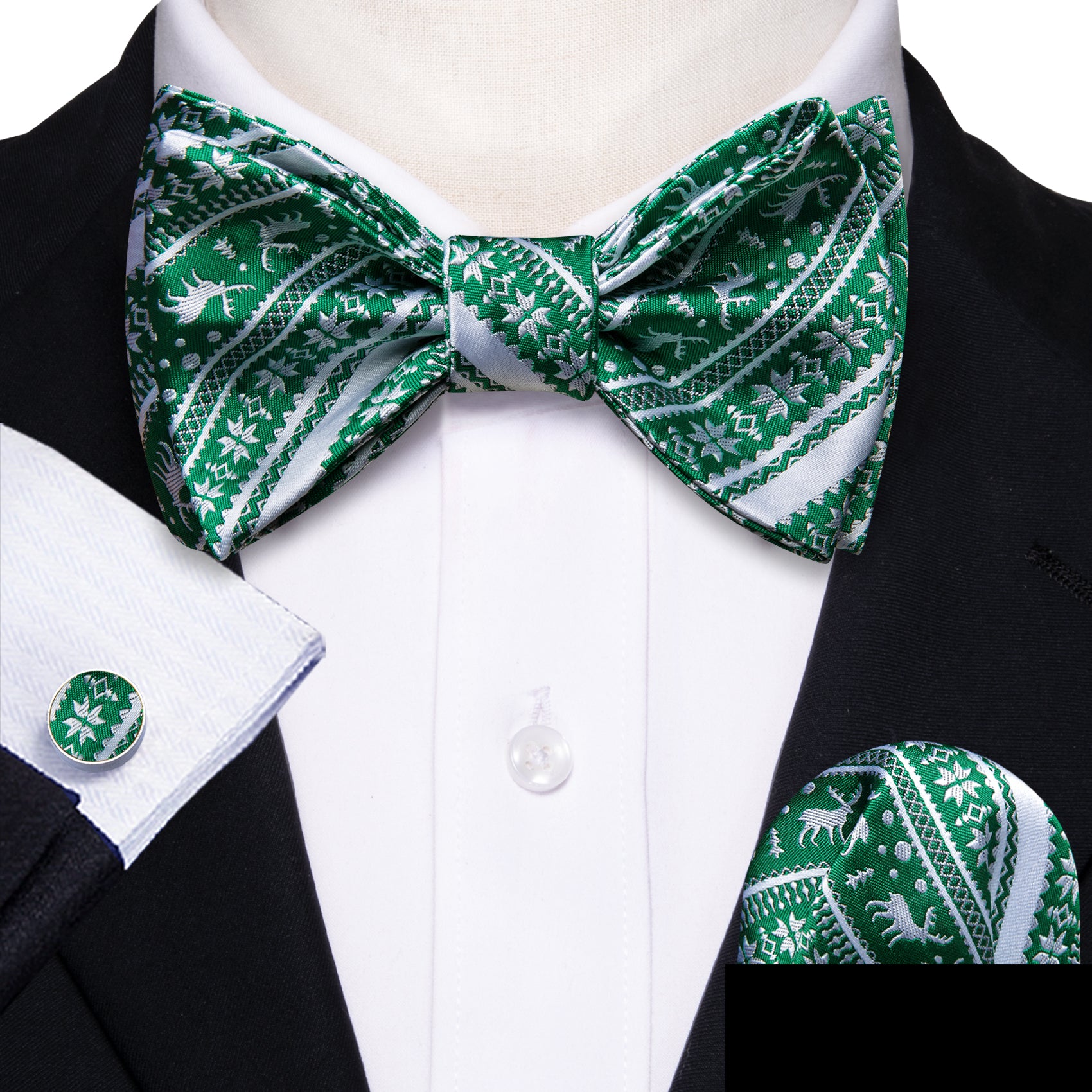 Christmas Green White Self Tied Bow Tie Hanky Cufflinks Set