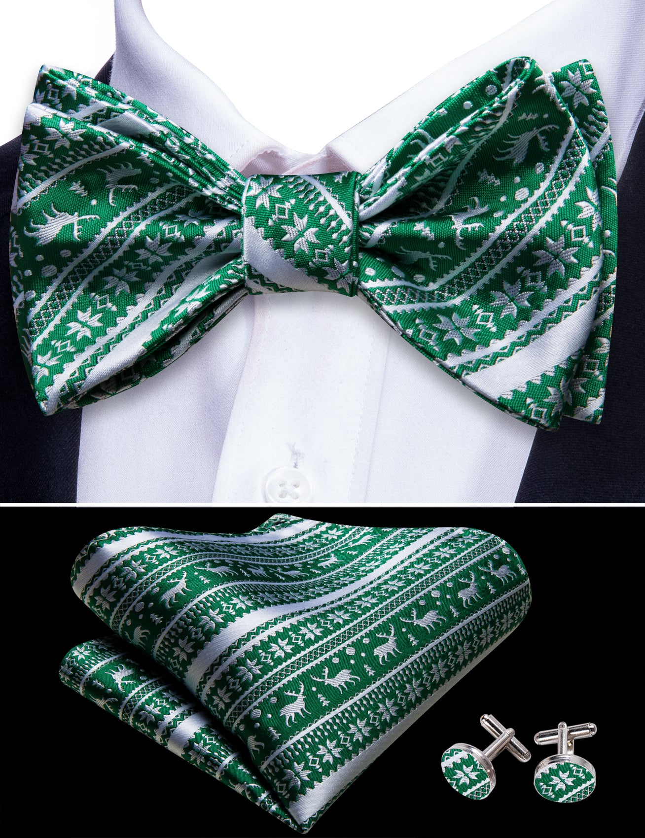 Christmas Green White Self Tied Bow Tie Hanky Cufflinks Set