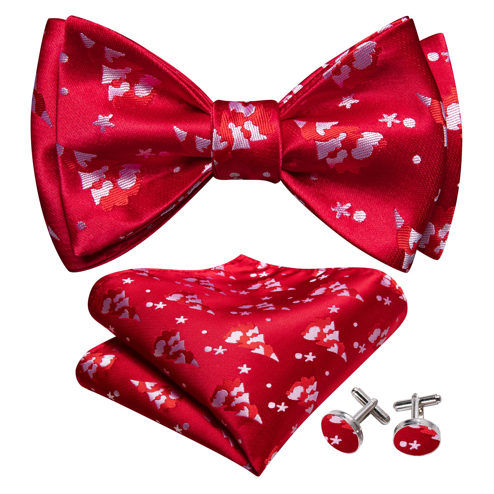 Christmas Red White Xmas Tree Self Tied Bow Tie Hanky Cufflinks Set