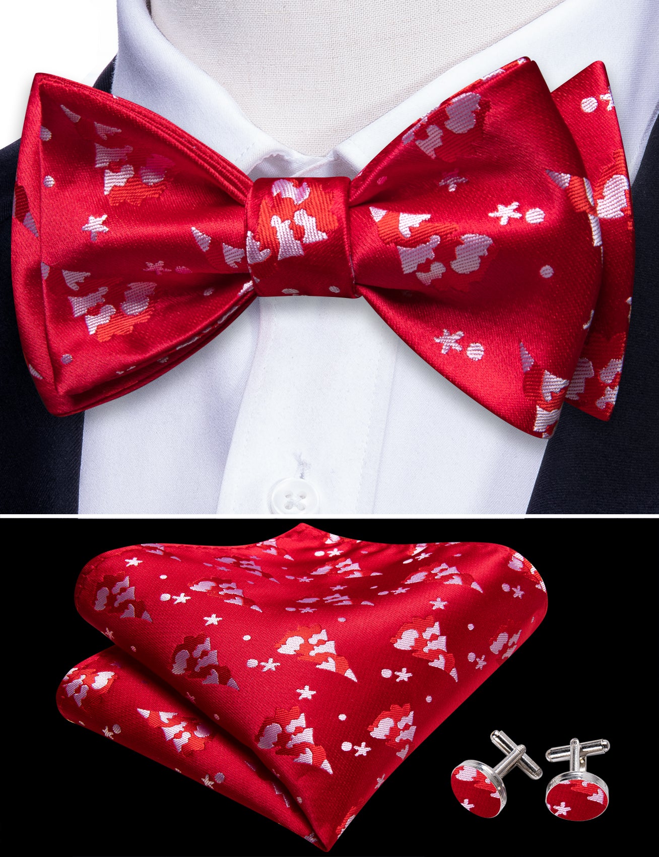 Christmas Red White Xmas Tree Self Tied Bow Tie Hanky Cufflinks Set