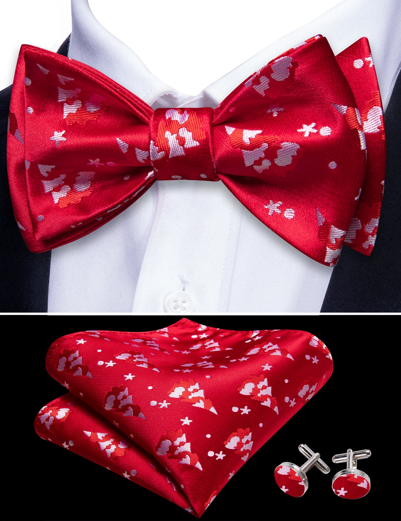 Christmas Red White Xmas Tree Self Tied Bow Tie Hanky Cufflinks Set