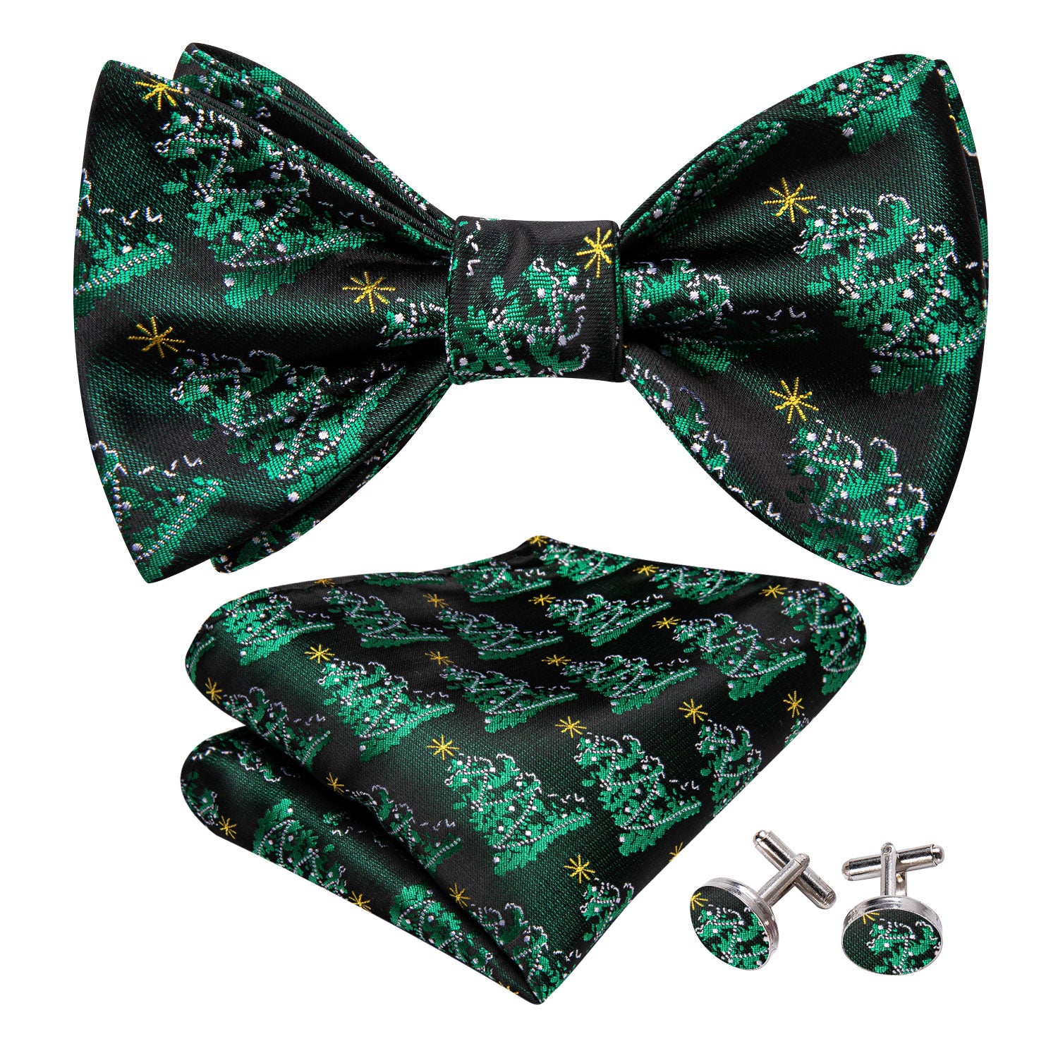 Christmas Green Tree Silk Mens Bow Tie Hanky Cufflinks Set