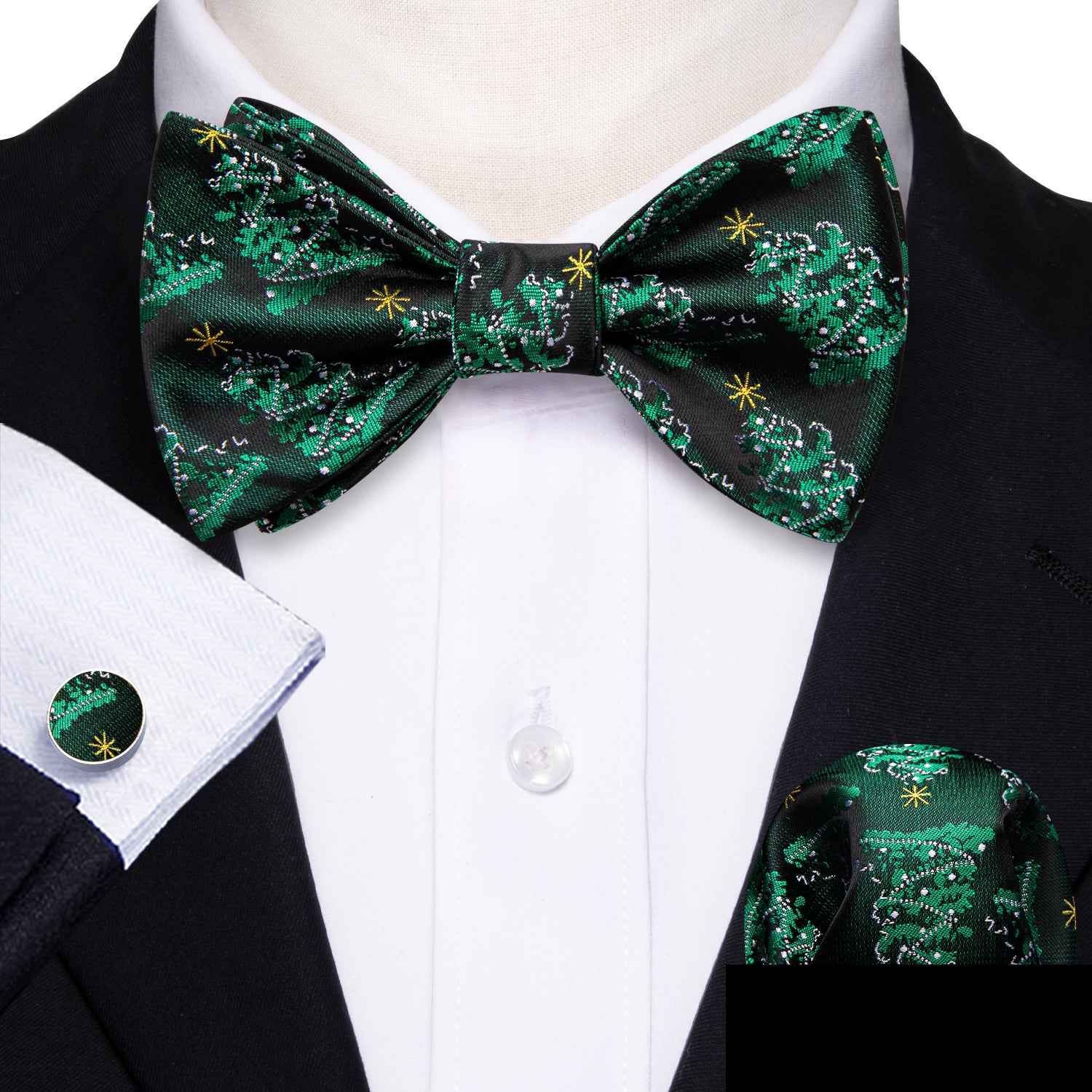 Christmas Green Tree Silk Mens Bow Tie Hanky Cufflinks Set